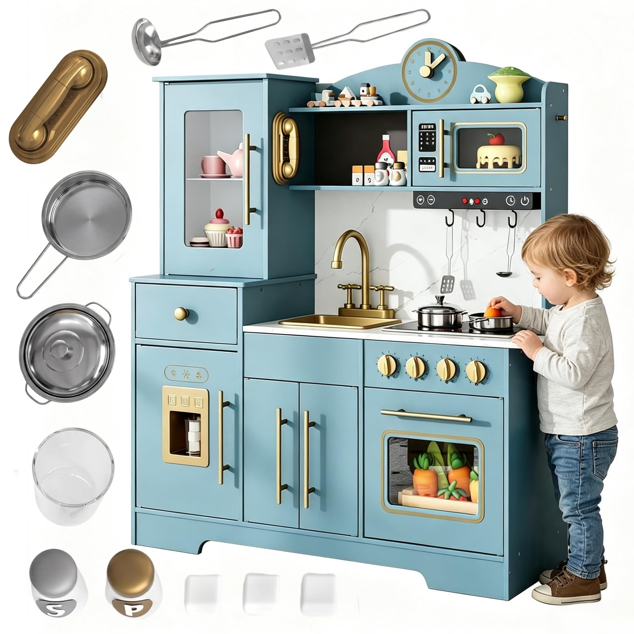 Cuisine en Bois Enfant, Cuisine de Jeu pour Enfants avec Lumières et Sons, Kit de Cuisine pour Enfant avec Cuisinière, Horloge, Évier et Micro-ondes, Jouet de Rôle, Cuisine en Bois Moderne pour Enfant