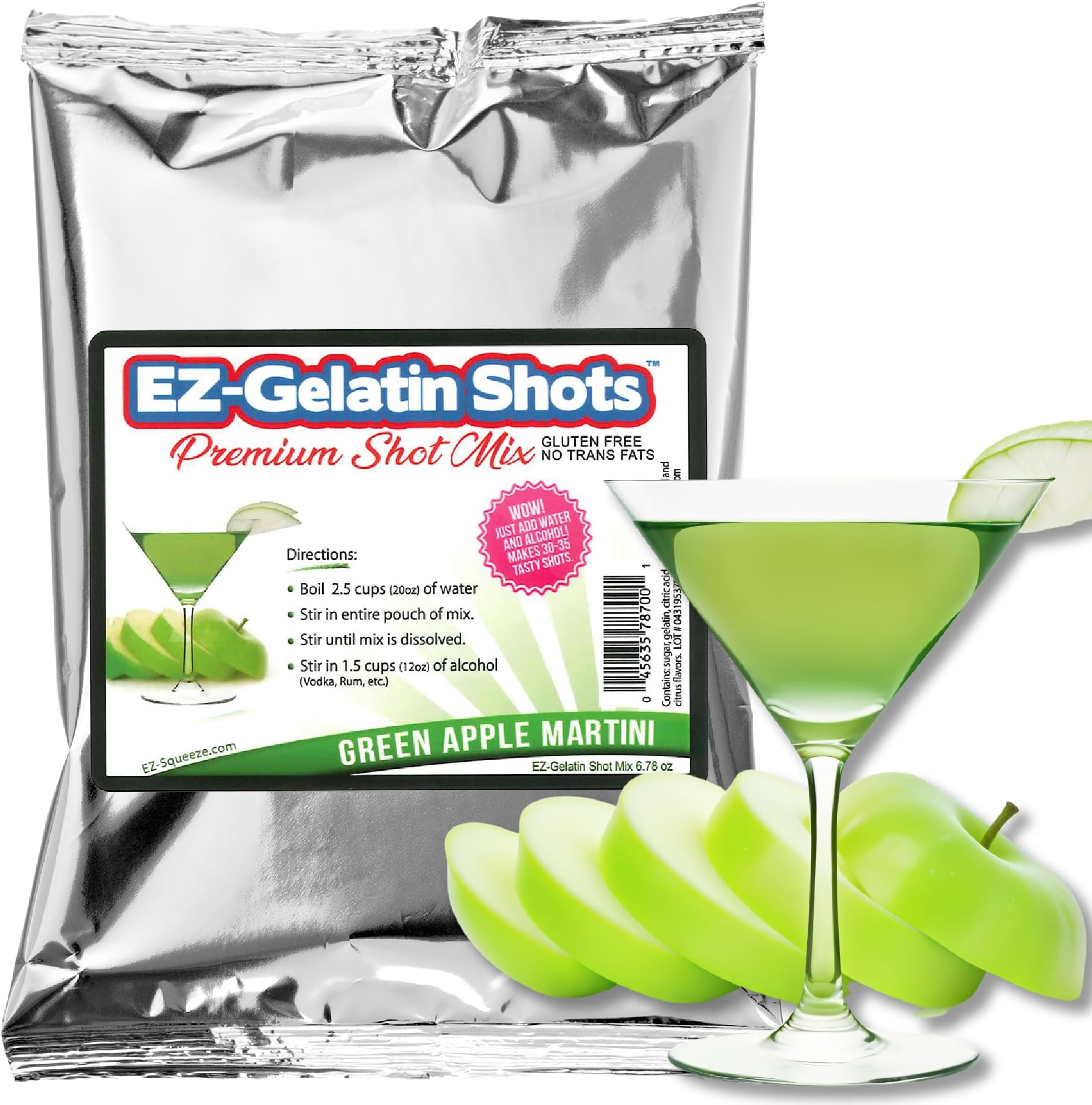 Green Apple Appletini Jello Shot Mix 6.78 oz - Premium Gluten-Free Jello Mix for Tasty Jello Shots - Easy to Make EZ Gelatin Powder Mix for Jello Shots - Adult New Year and Holiday Party Supplies