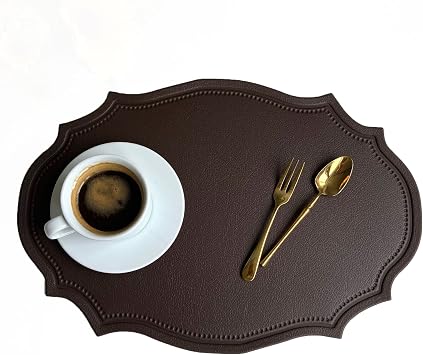 Leather Washable Placemats, Brown Thick Faux Leather Heat Resistant Elliptical Shape Table Mats,Waterproof Non-Slip Easy to Clean Place mat for Kitchen Coffee Dining Room Table Set of 6
