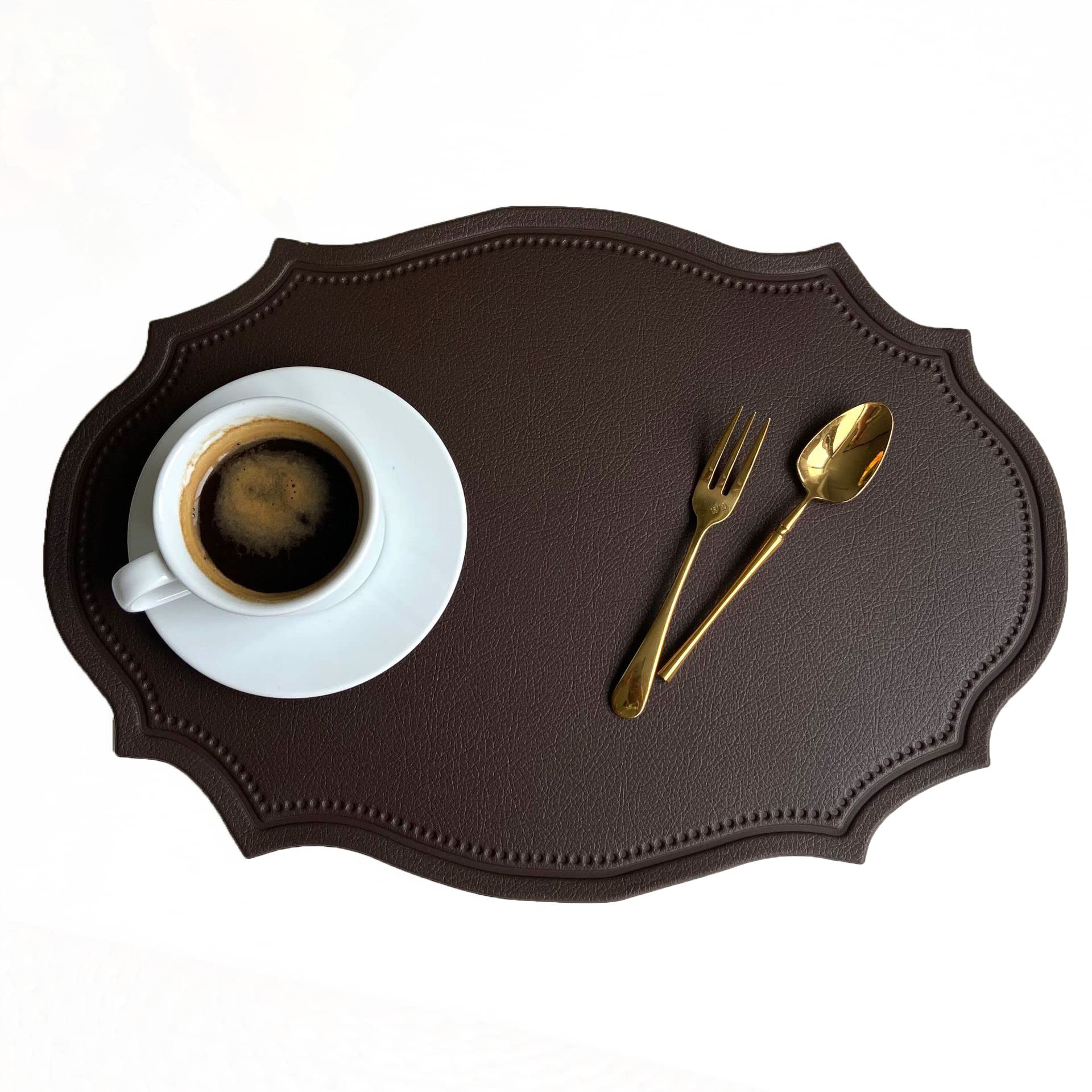 Leather Washable Placemats, Brown Thick Faux Leather Heat Resistant Elliptical Shape Table Mats,Waterproof Non-Slip Easy to Clean Place mat for Kitchen Coffee Dining Room Table Set of 6