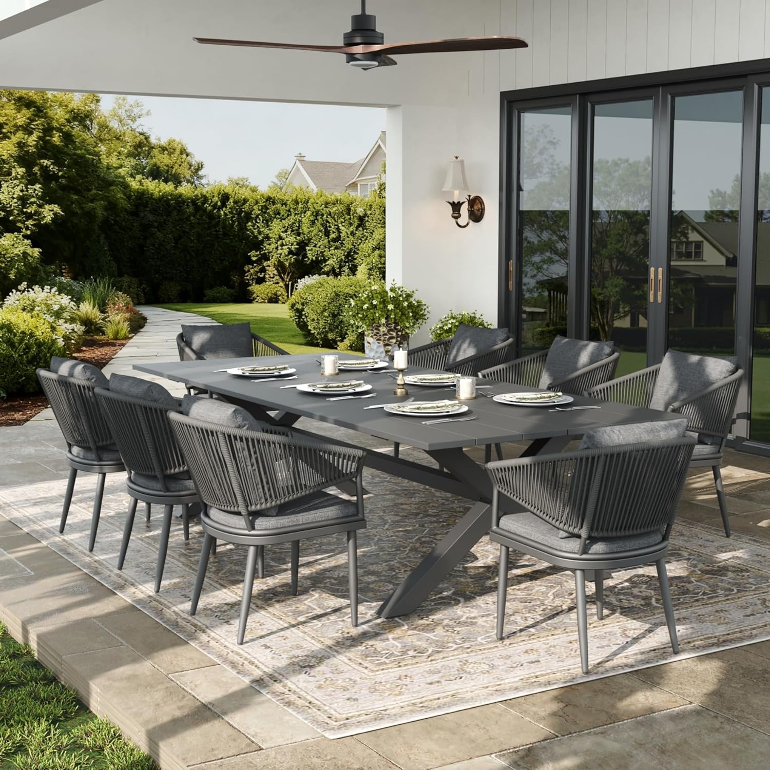 LayinSun 9 Piece Outdoor Dining Table Set, Aluminum Modern Rectangular Dining Table and All-Weather Wicker Chairs Set for Patio Deck Indoor Decor Kitchen