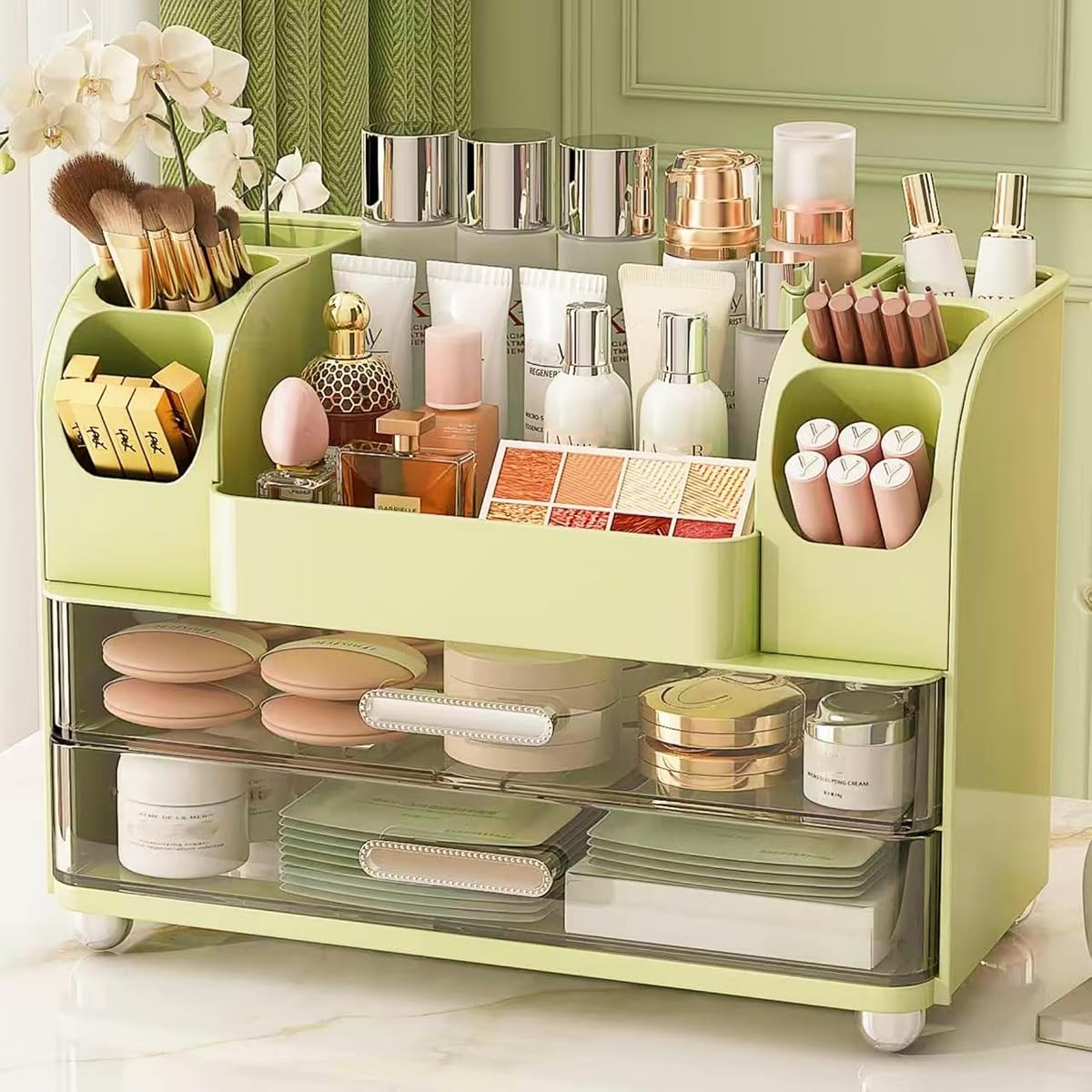 Organizador de Maquillaje, Organizador de Cuidado de la Piel de Baño Perfecto, Vitrina de Cosméticos | Organizador de maquillaje con cajones y soporte para brochas, fácil de guardar todos tus elementos esenciales de belleza