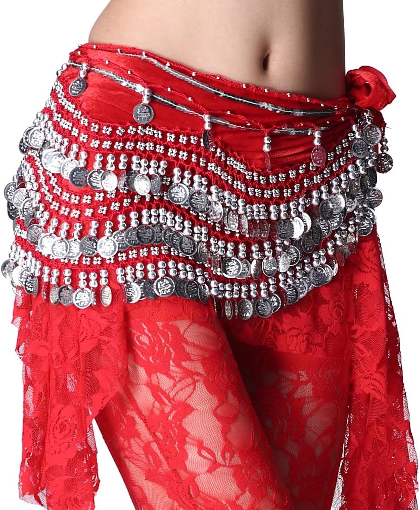 Women's Belly Dance Wave Shape Hip Scarf With Silver Coins
