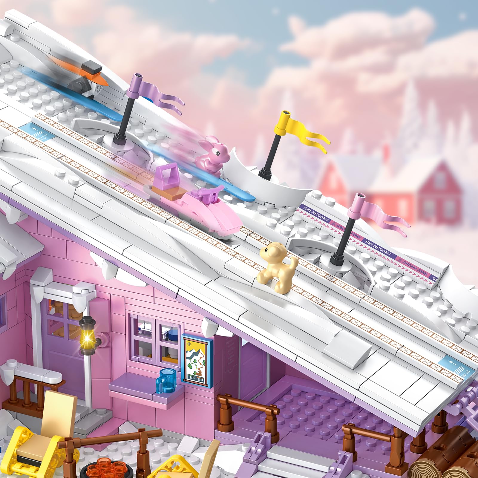 Pink Girls Ski Resort Winter Village House Building Set Compatible