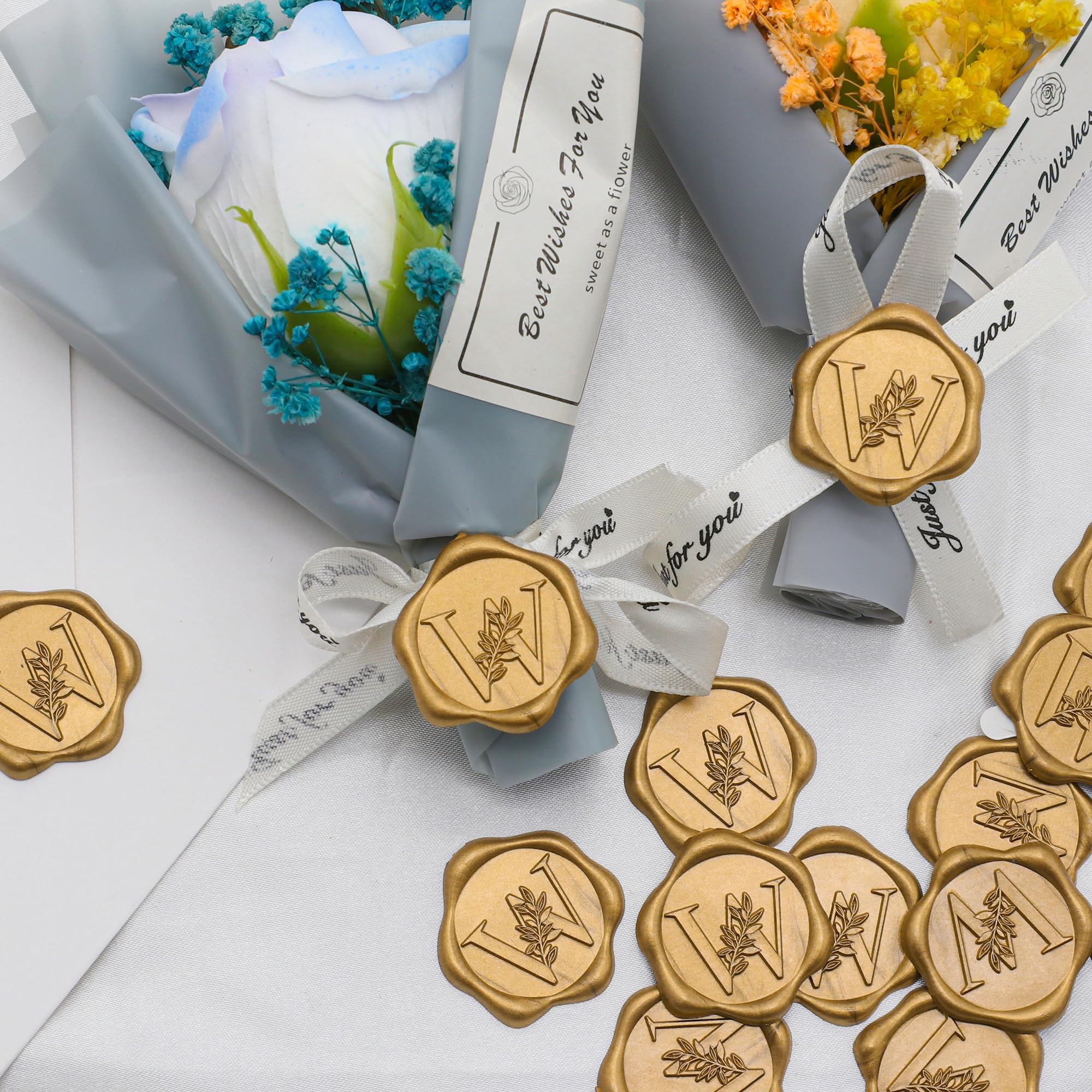 SWANGSA Letter Wax Seal Stickers, 30 Pcs Botanical Flowers Initial Alphabet H, Antique Gold Envelope Seals For Wedding Invitation, Christmas, Gift Wrapping