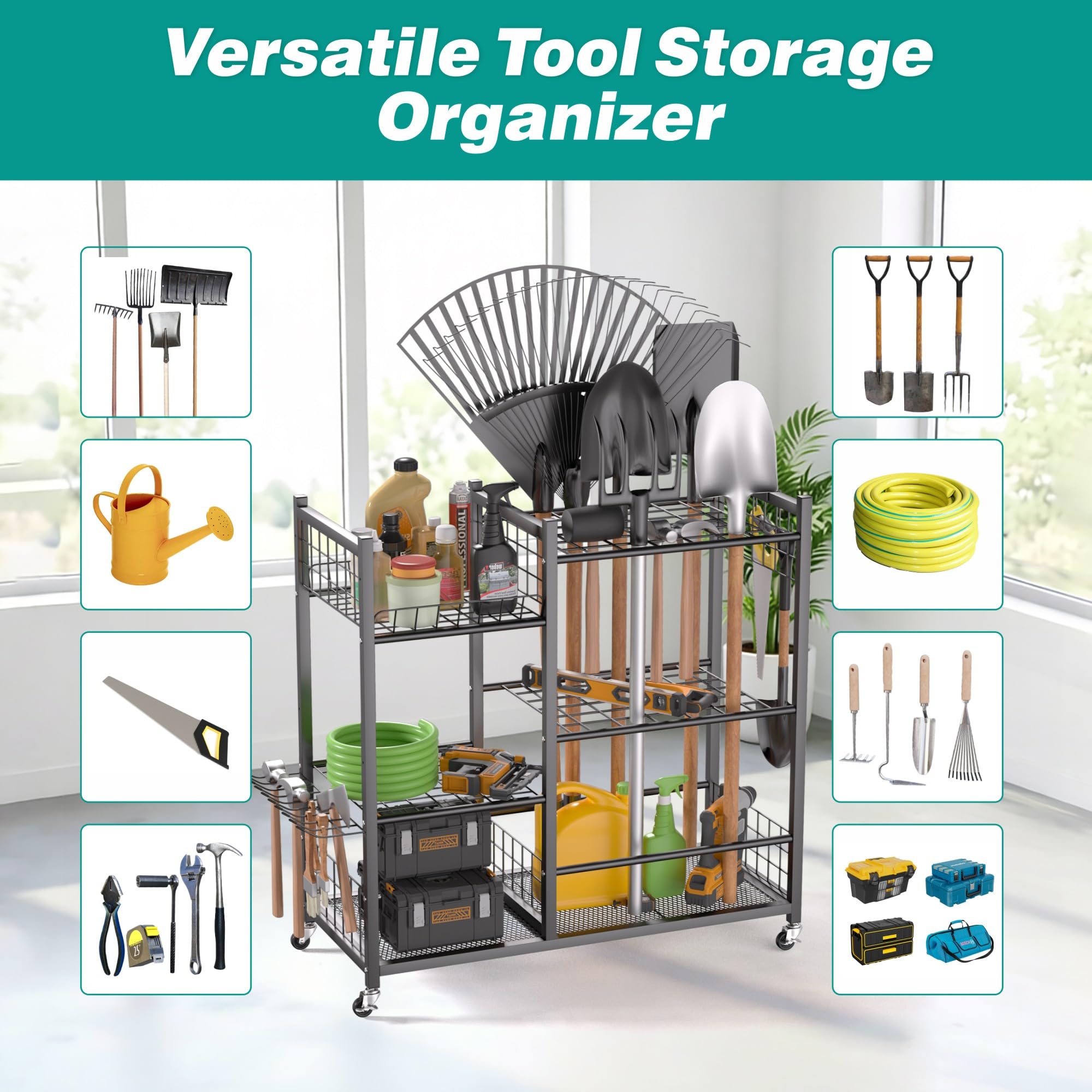 EVERHANGER Organizer per attrezzi da giardino, organizer per attrezzi da garage, con ruote bloccabili, adatto per utensili/rastrelli/scope con manico lungo
