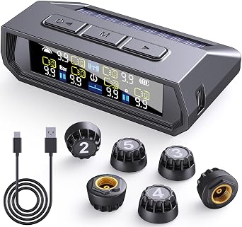 RV Tire Pressure Monitoring System,0-9.9 BAR,144 PSI Tire Pressure Monitor System with Solar Charge, TPMS with 6 Sensors&6 Alarm Modes (6 Sensor-Black)