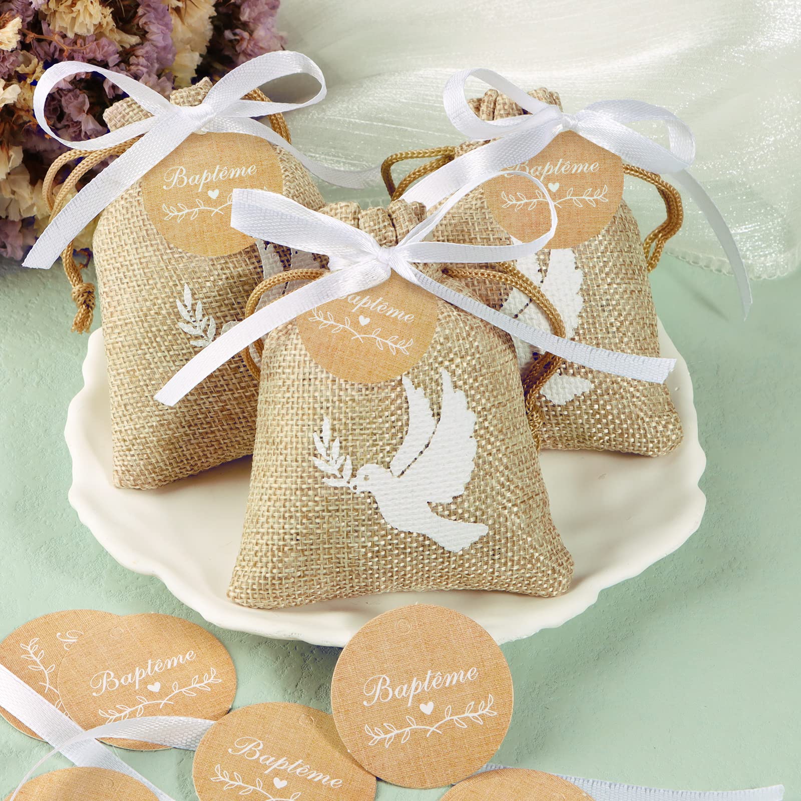 20 Sachets Jute Baptême Colombe + Étiquettes + Ruban – Pochette Dragées Élégante