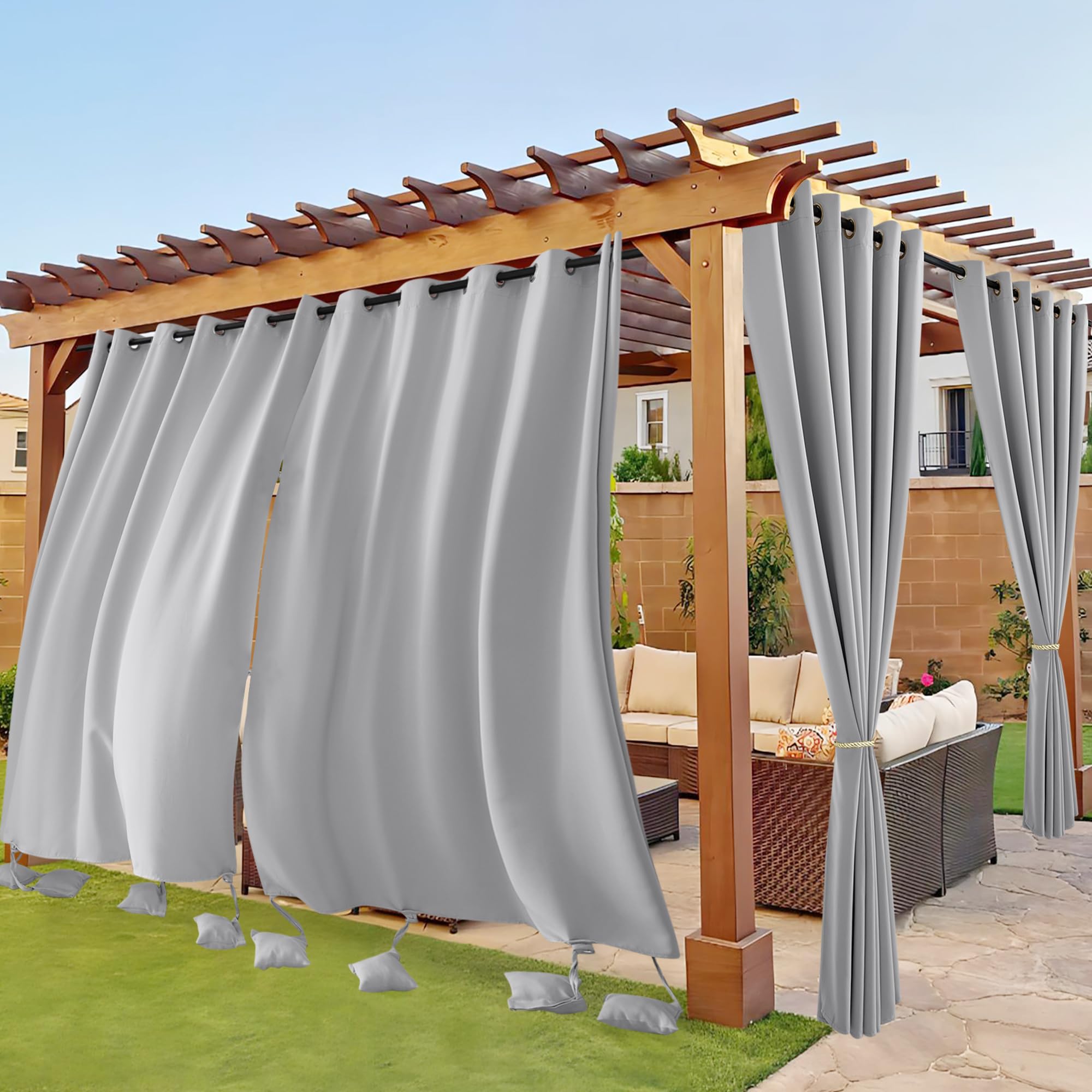 RYB HOME Extra Wide Outdoor Curtains Windproof, Blackout Waterproof Neighbor Privacy Outside Curtains for Patio Pergola Pool Hut Screen Porch Outside Deck, W 84 x L 108 inch, Light Grey, 2 Panels