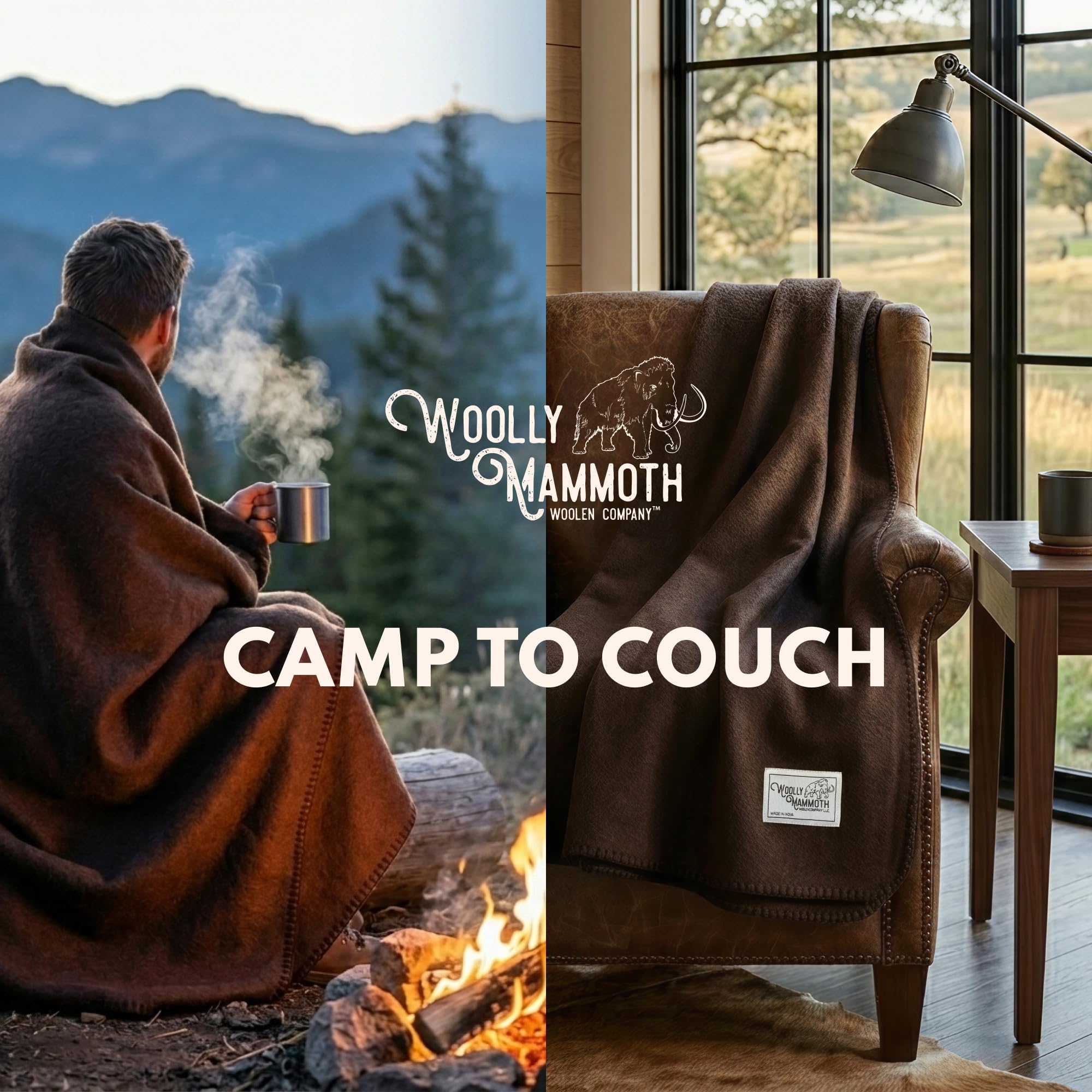Woolly Mammoth Woolen Co. Couverture de Camping en Laine mérinos Taille XL – Idéale pour l'extérieur, Le Camping, Le Trekking, la randonnée, la Survie ou jeté à la cabane (Marron), 167,6 x 228,6 cm