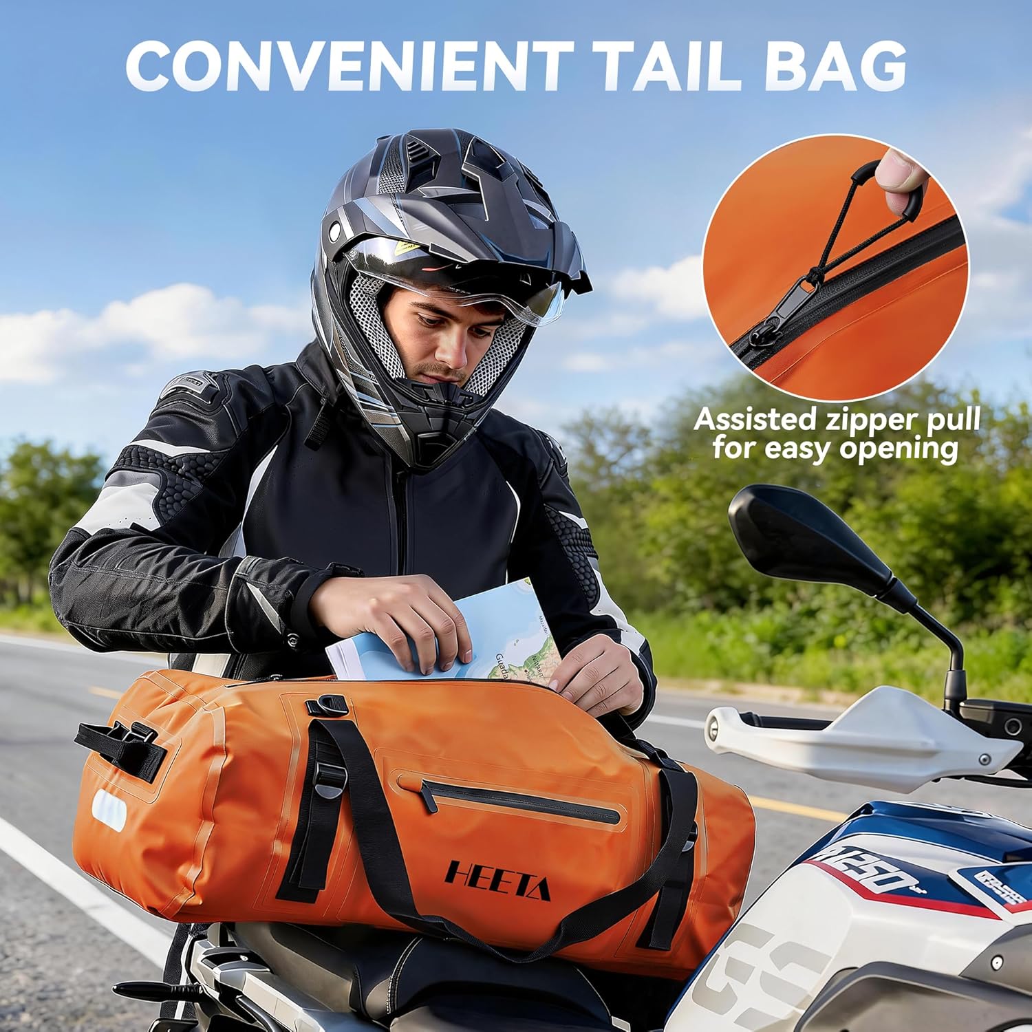 HEETA Waterproof Motorcycle Dry Bag, Waterproof Duffel Luggage Travel Bags with Zippered Closure & Pocket, Shoulder Straps, Large Space for Motorcycling Camping Commuting Boating (Orange, 50L)