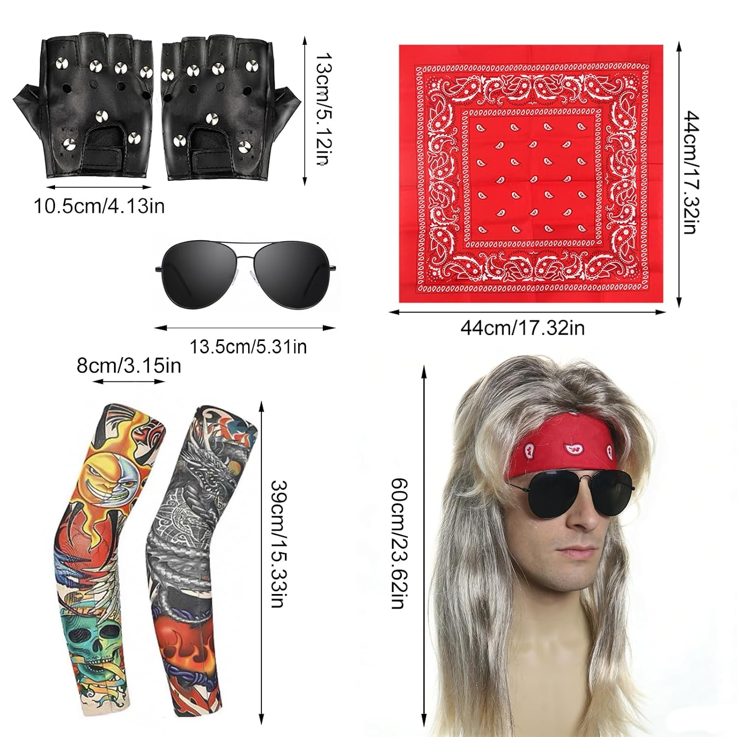 5 Pcs Rocker Costume Men's Wigs brown Curls Disco Men's Party Costume Men with Wigs Sunglasses Sleeves Gloves Headscarves for 70s 80s 90s