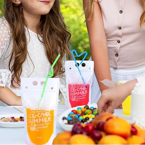 Miniatura 7 de Teenitor 100 bolsas de bebidas, bolsas de bebidas para adultos, bolsas de bebidas con bolsas de jugo de pajita, 100 popotes, bolsas de licor