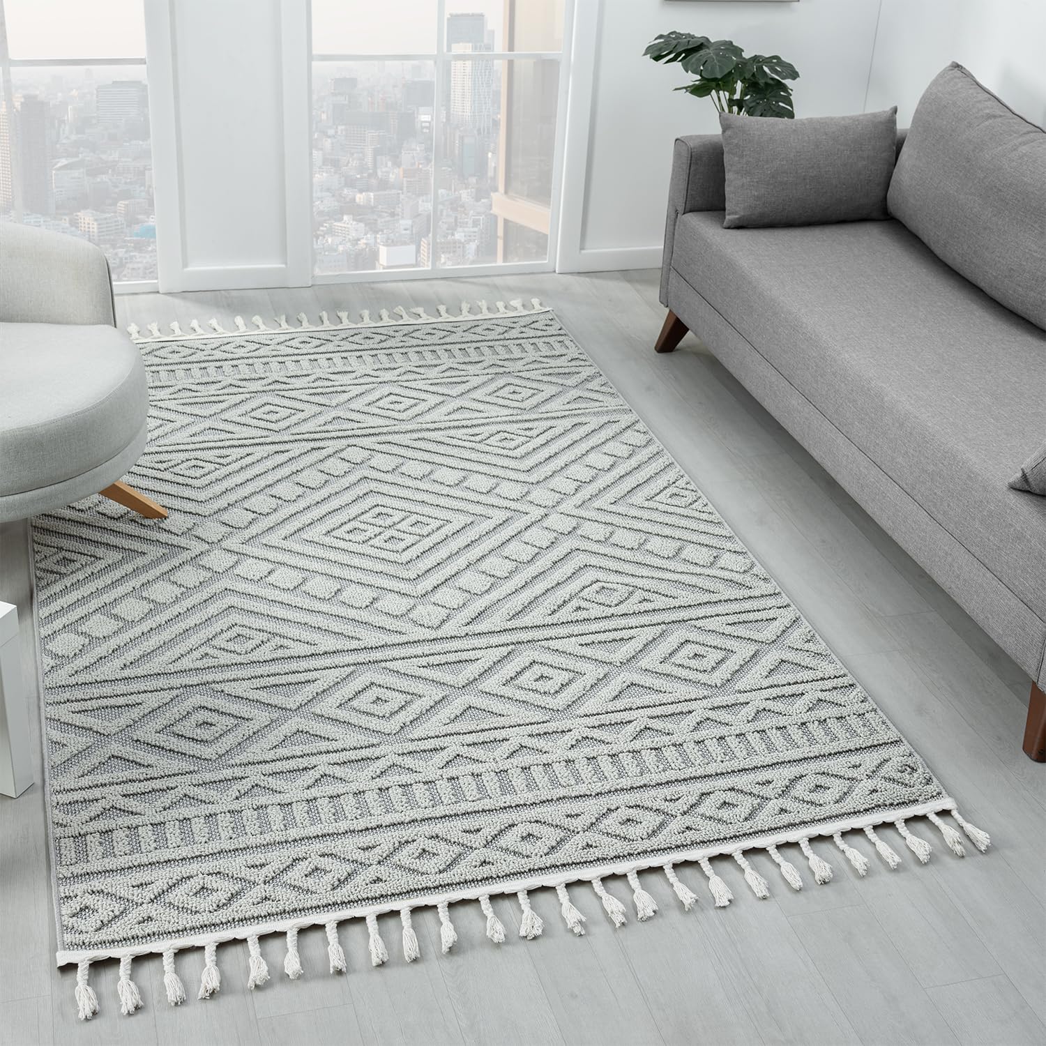 VIMODA Teppich Boho Wohnzimmer, Schlafzimmer, Fransen Skandinavisch, Waschbarer Teppich 3D, Farbe:Grau, Maße:120x170 cm