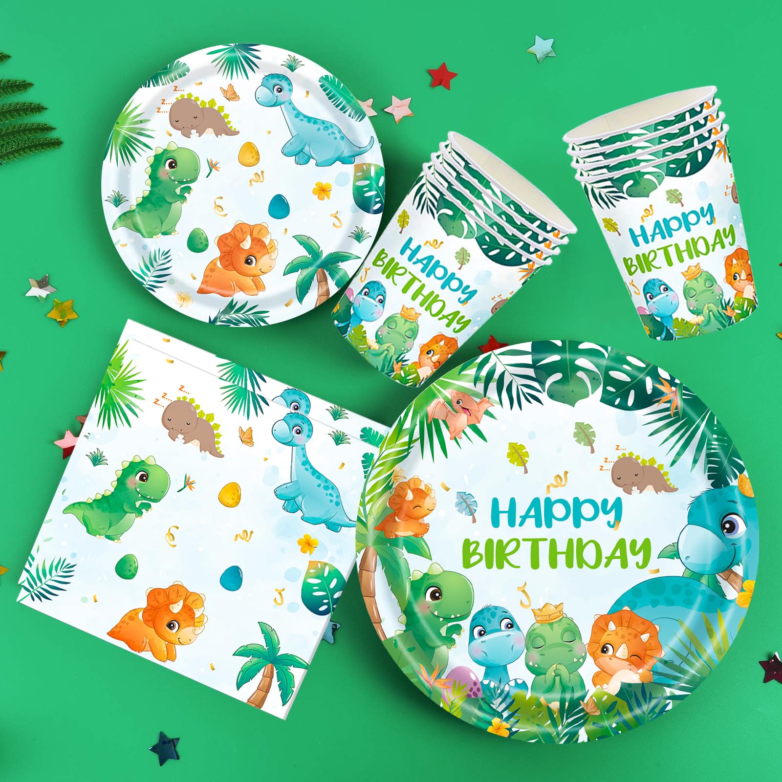 97 Pezzi Decorazioni Festa a Tema , Set Compleanno Dinosauri, Piatti di Carta, Bicchieri di Carta, Tovaglioli, Forniture per Feste di Compleanno a Tema Bambino Dinosauro