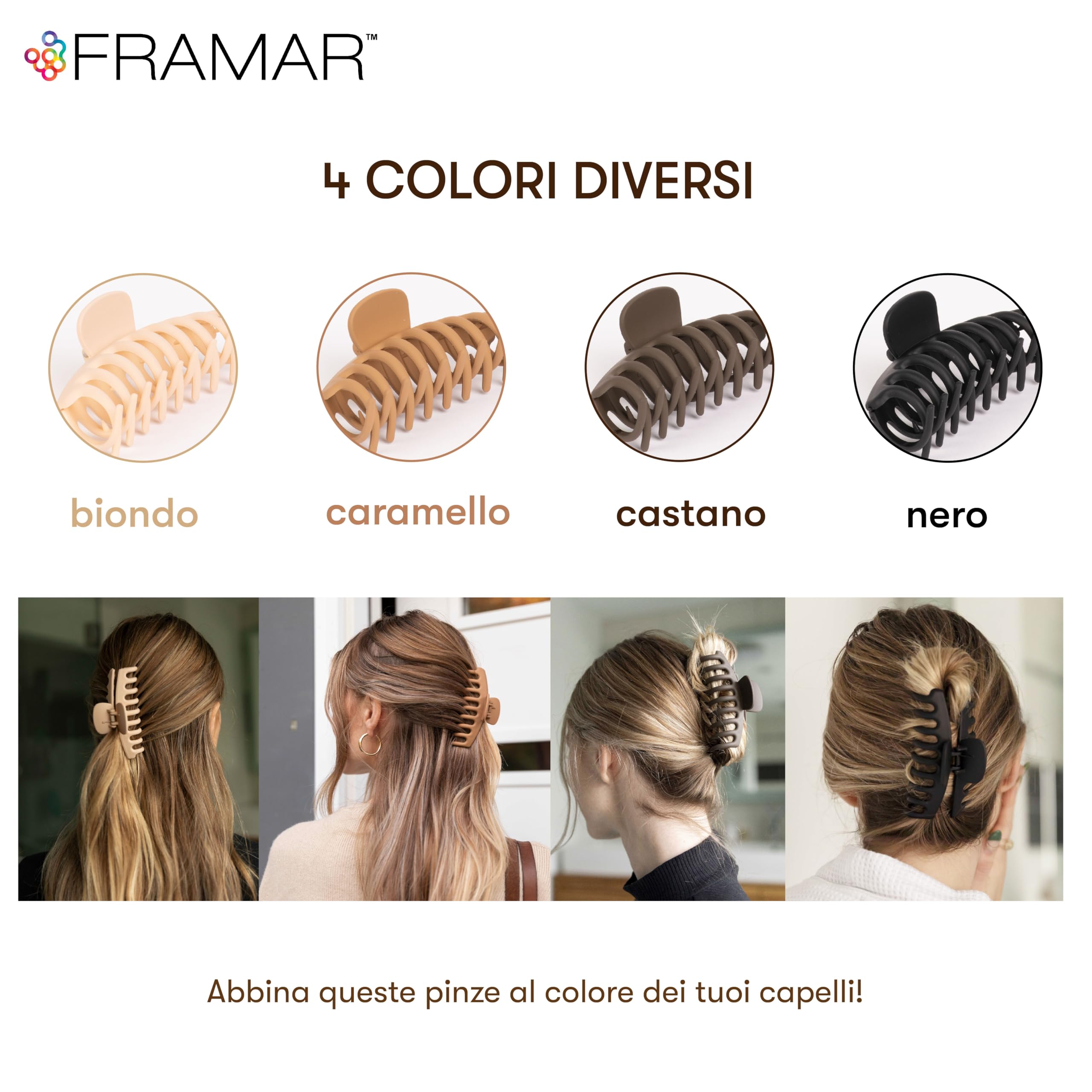 FRAMAR Fermagli Per Capelli Grandi - Fermagli Per Capelli da Donna, Fermagli Per Artigli Extra Grandi Per Capelli Spessi, Neutra, Finitura Opaca Antiscivolo - Confezione da 4