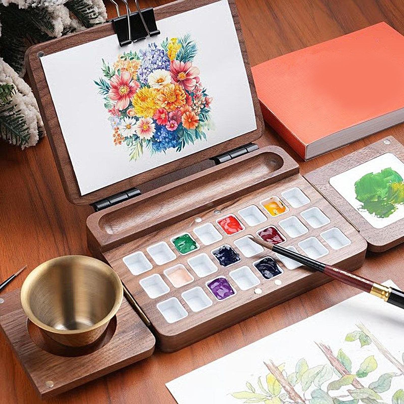 Paleta do mieszania, taca malarska, drewniana akwarela tablica, 24 dobrze składany design, organizator sztuki, przenośny futerał podróżny na podróż kemping klasa studio początkujący rzemiosło | Składane Pudełko Palety Do Szkicowania W Terenie Podróży Wars