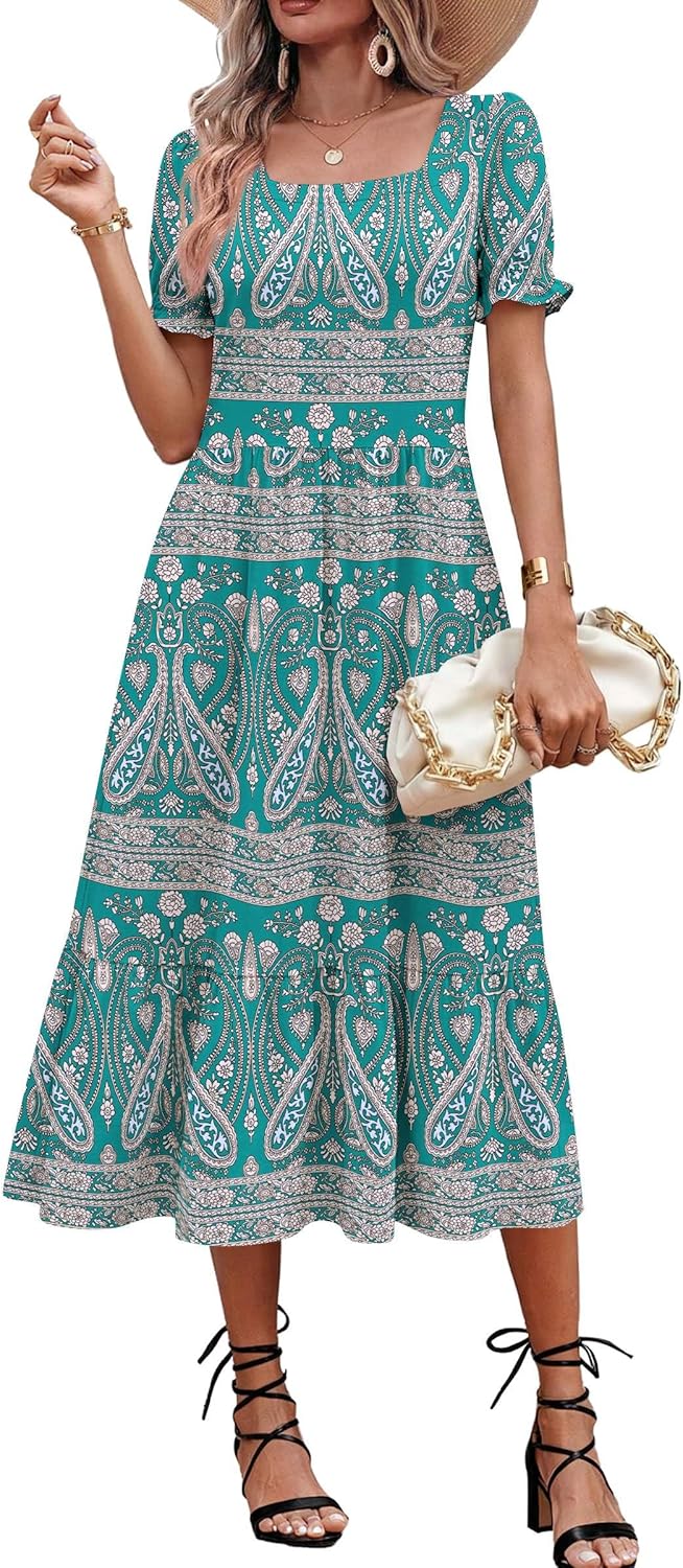 Zeagoo Summer Dresses for Women Flowy Casual Midi Dress Short Sleeve Tiered Dress Beach Vacation Sundresses with Pockets