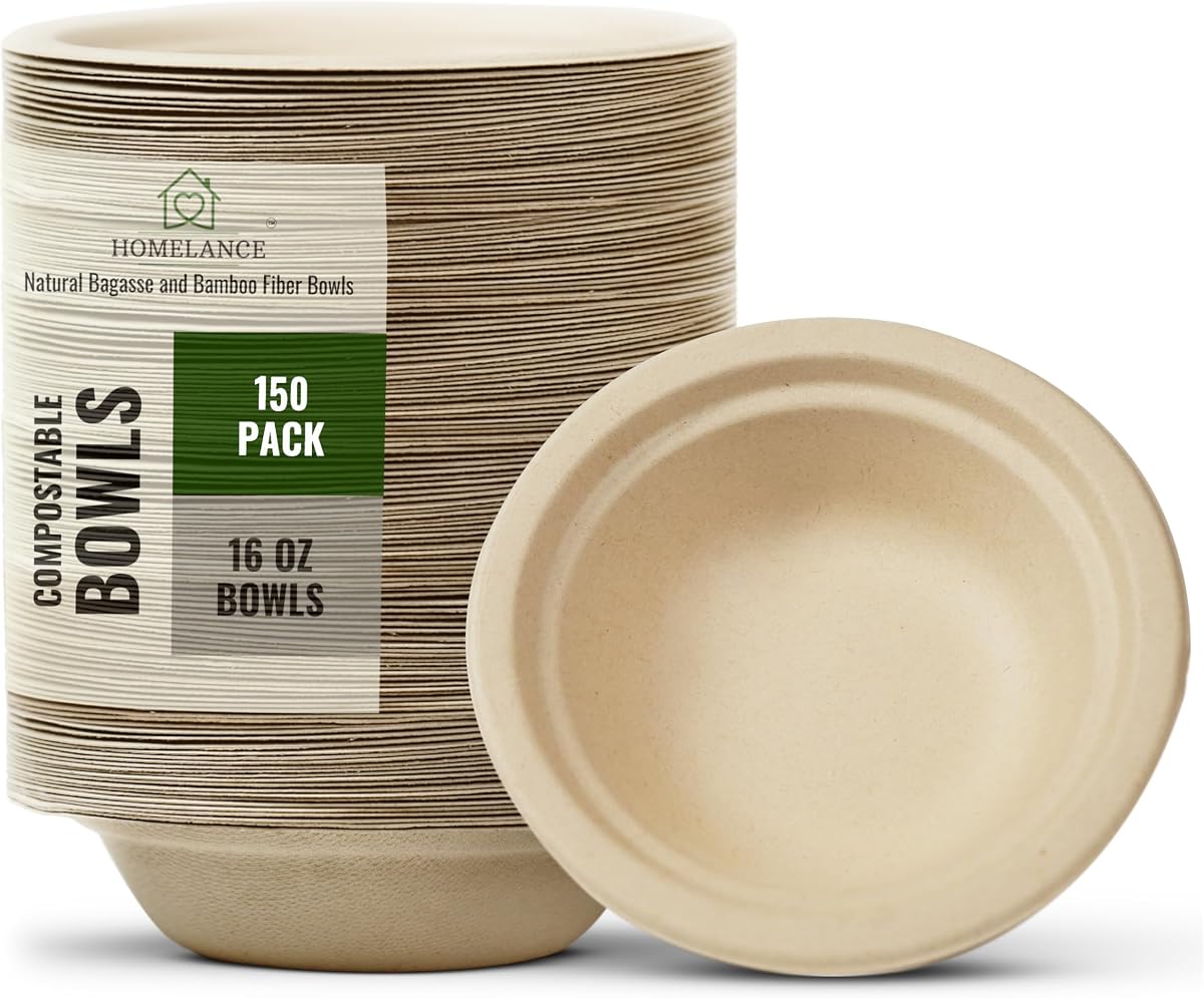 Cuencos compostables 16 OZ / 473 ml 150 piezas – Cuencos desechables de bambú y bagazo para sopa caliente, resistentes a la temperatura y aptos para microondas – Cuencos de papel desechables para comidas diarias (paquete de 150)