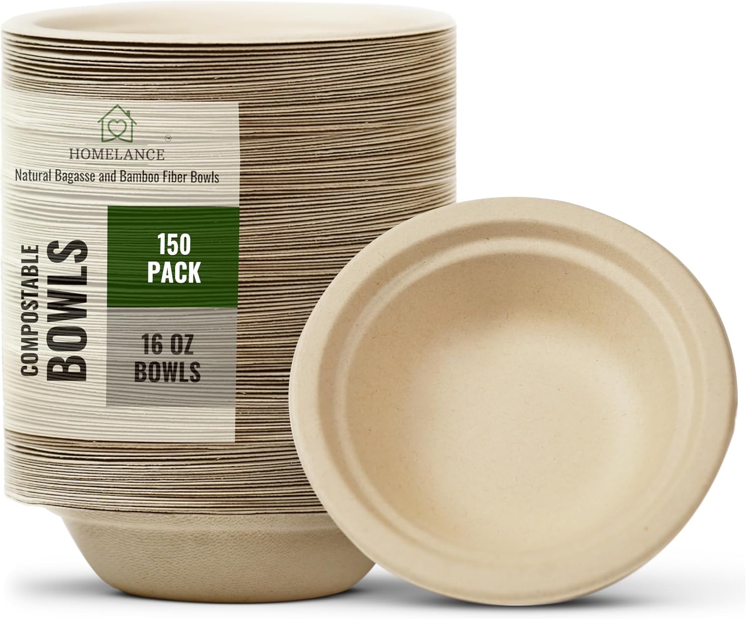Compostable Bowls 16 OZ / 473 ml 150Pcs – Bamboo & Bagasse Disposable Bowls for Hot Soup-Temperature Resistant & Microwave Safe – Paper Bowls Disposable for Daily Meals (Pack of 150)