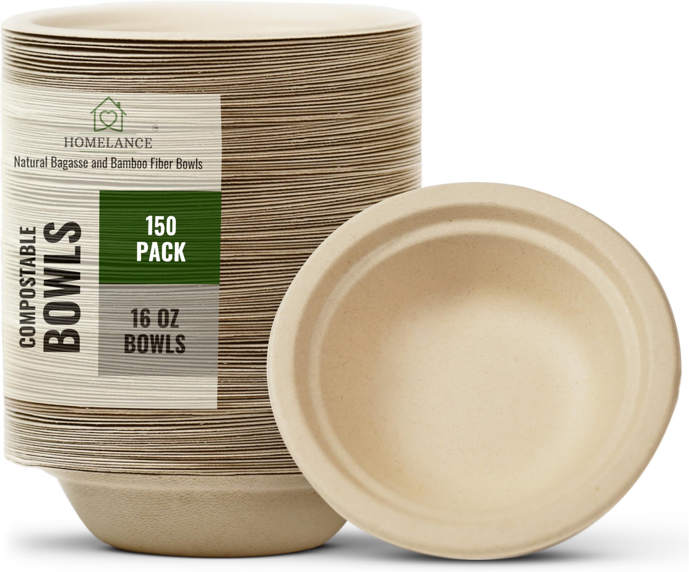 Compostable Bowls 16 OZ / 473 ml 150Pcs – Bamboo & Bagasse Disposable Bowls for Hot Soup-Temperature Resistant & Microwave Safe – Paper Bowls Disposable for Daily Meals (Pack of 150)