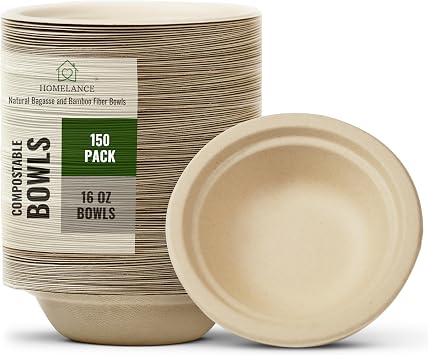 Compostable Bowls 16 OZ / 473 ml 150Pcs Bamboo & Bagasse Disposable Bowls for Hot Soup-Temperature Resistant & Microwave Safe Paper Bowls Disposable for Daily Meals Pack of 150