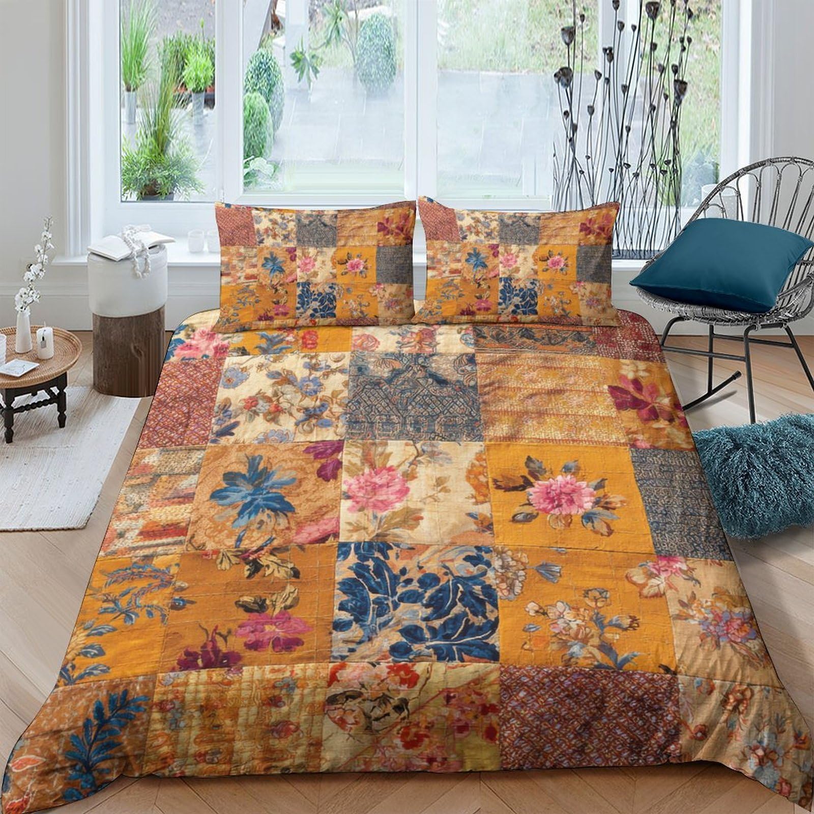 Ctjqhvkz Style-5 3D Printed Vintage Floral Patchwork Fitted Sheet Microfiber Breathable Boho Botanical Bed Cover For Bedroom Guest Room Decor Single（135X200cm）