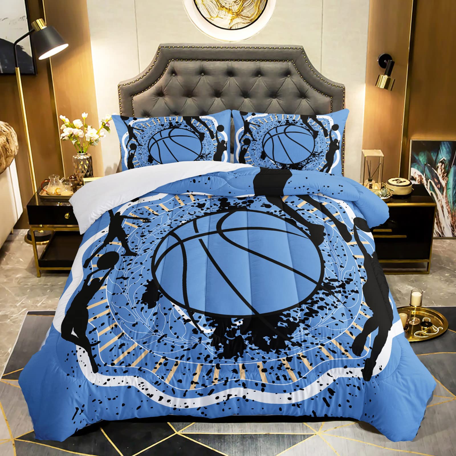 QOOMO Basketball Comforter Set for Kids Teens Boys,Blue Ball Kids Comforter,1 Comforter with 2 Pillowcase, Microfiber 3 Piece Bedding Set,Soft and