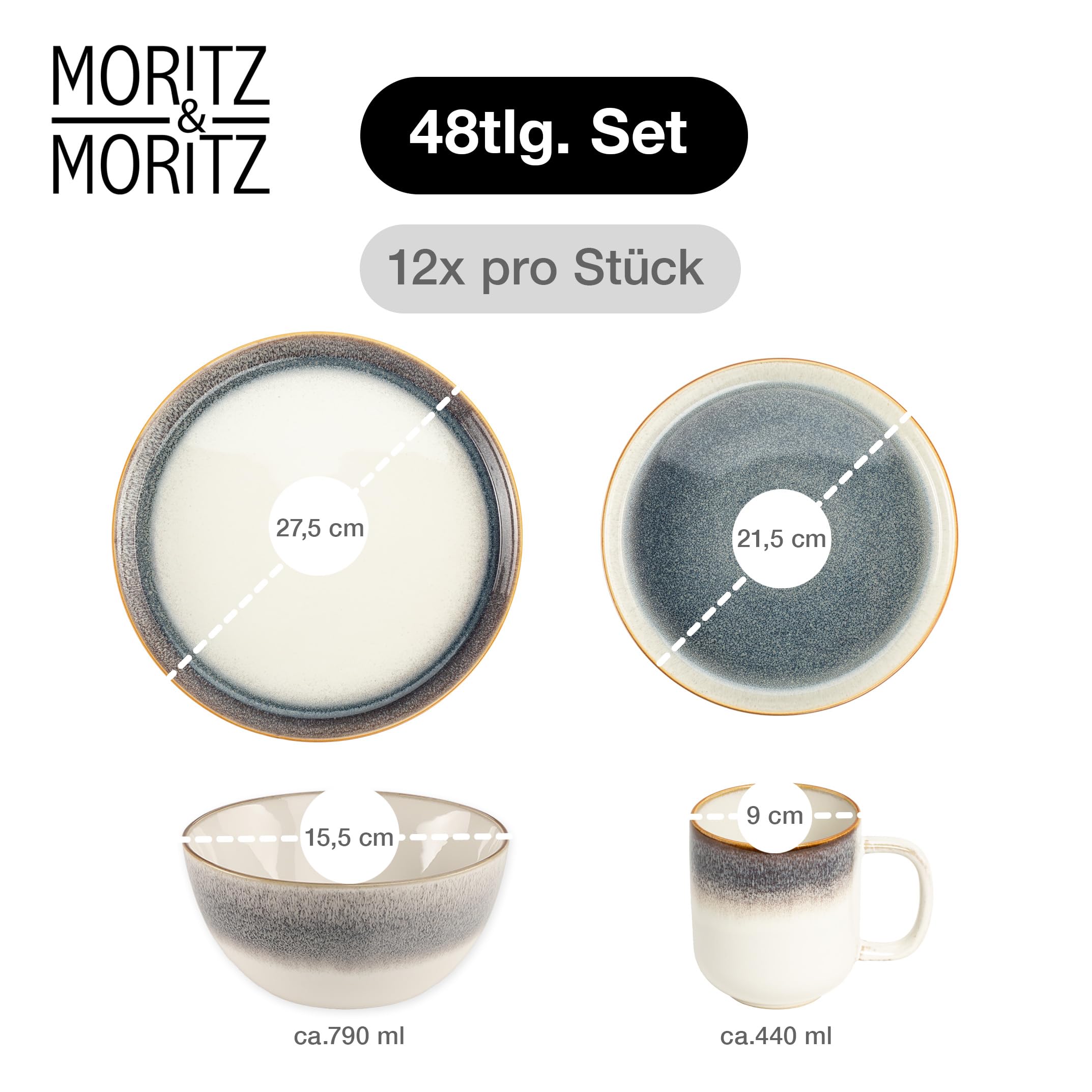 Moritz & Moritz TARENTO 48-tlg. Geschirrset 12 Personen Grau - Elegantes Teller Set aus hochwertigem Steinzeug - Geschirr Set aus 12x Dinnerteller, 12x Dessertteller, 12x Suppenteller & 12x Tassen