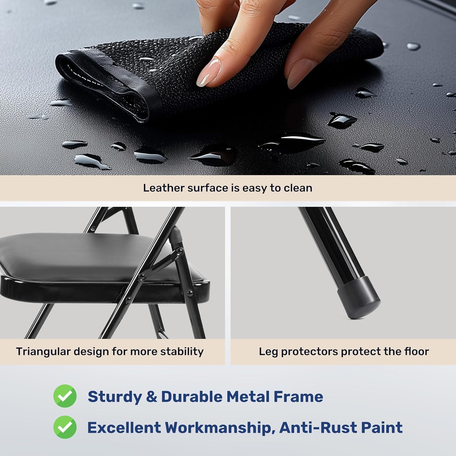 Simple Deluxe 2 Pack Portable Padded Folding Chairs, Leather Upholstered Seat Pad & Durable Metal Construction, Commercial-Grade Seating for Home, Office, Indoor Outdoor Events, Black