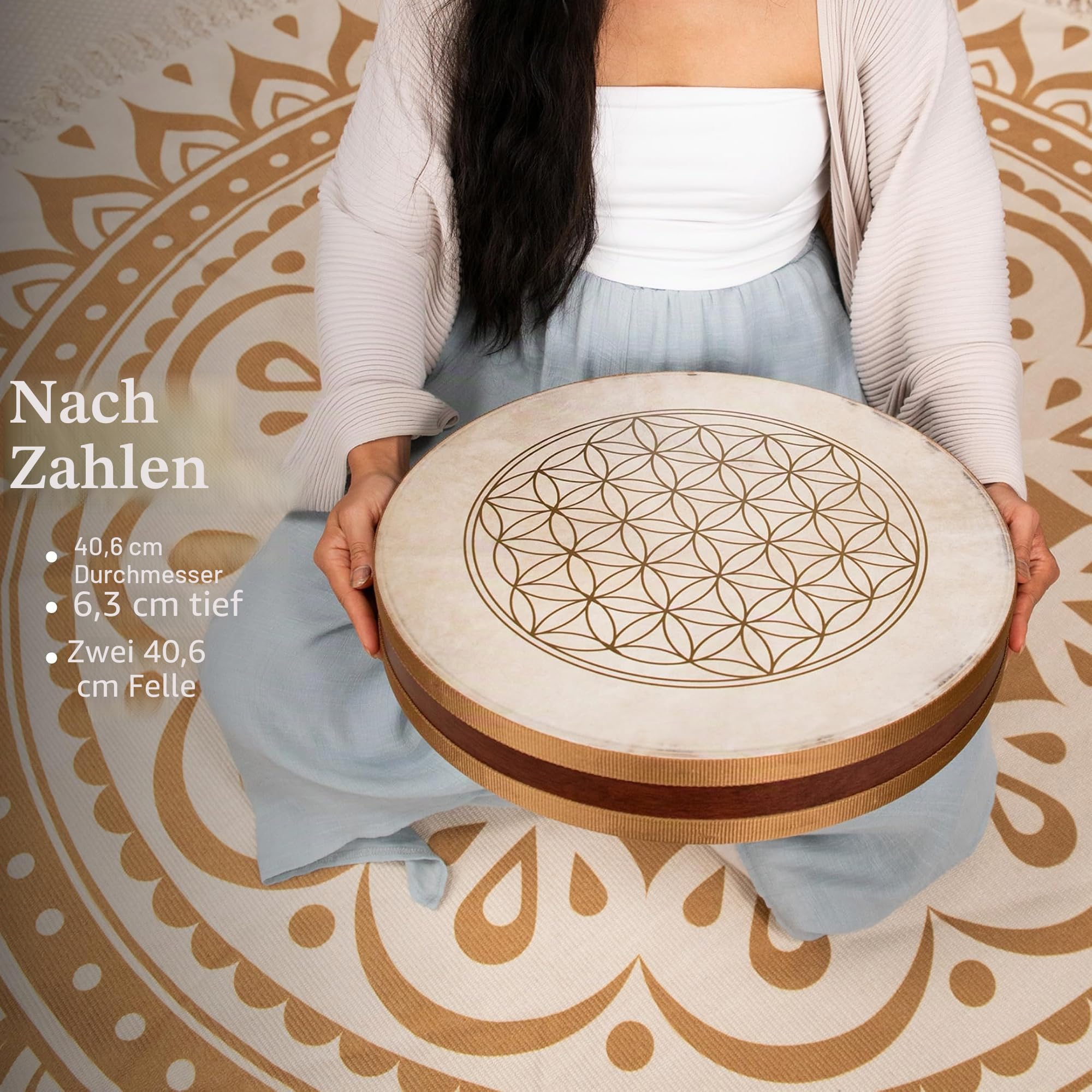 Sonic Energy 16 Zoll Wellen Trommel – Ziegenfell, Flower of Life – Glas-Amaranth-Kugeln – Sanfter Klang – Für Meditation, Klangbad, Percussion (WD16FOL)