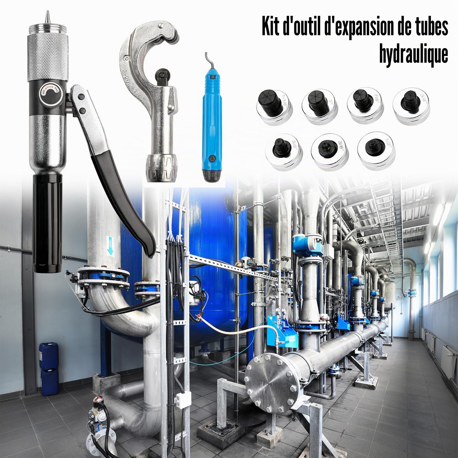 Extenseur Tube Hydraulique, Kit D'outils Sertissage Tuyau Hydraulique Avec Outil D'ébavurage Coupe-Tube Et 7 Têtes D'expansion Pour Tuyaux En Cuivre 3/8 à 1-1/8'' Outils D'extension Cvc (3/8"~1-1/8")