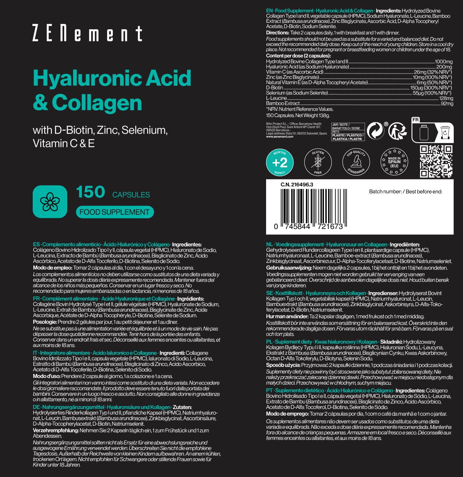 Kollagen und Hyaluronsäure mit Biotin, Zink, Selen, Vitamin C und E - 150 Kapseln - Für Haut, Gelenke und Knochen – 1000 mg Kollagen + 200 mg Hyaluronsäure pro Portion – Zenement