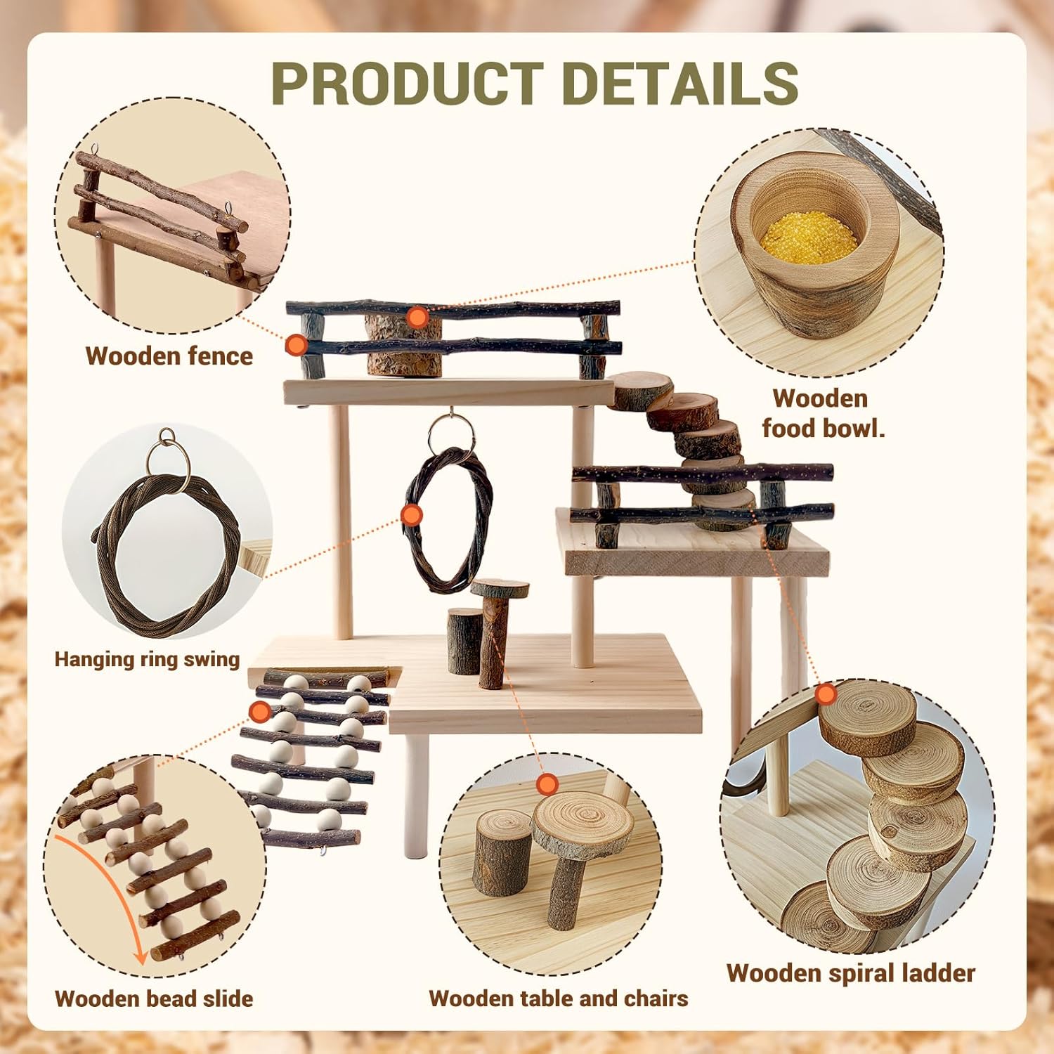 RoseFlower Wooden Hamster Platform for Cage, Hamster Playground Climbing Toy, Small Animals Pets Exercise Activity Set, Natural Living Climb System with Ladder Bridge for Gerbil Syrian Dwarf
