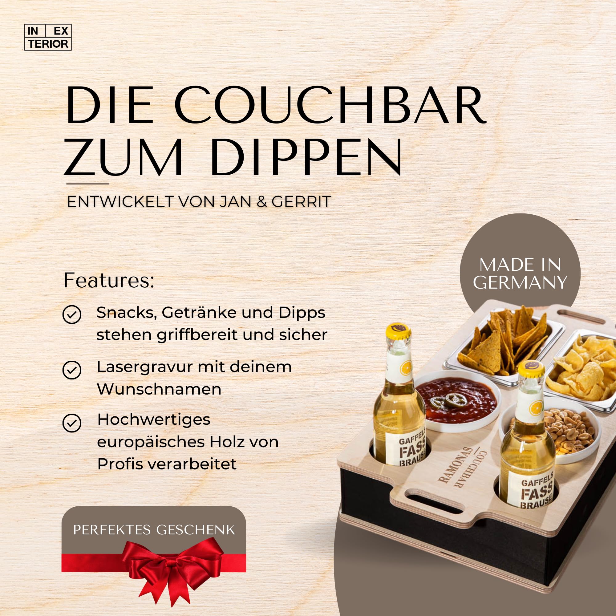 INEXTERIOR CouchBar Double - PERSONALISIERBAR - handgefertigt in Deutschland - Snackschalen und Flaschenhalter - Couchbutler couchorganizer Sofaorganizer Sofaablage Tablett Couchbutler (Design 2)