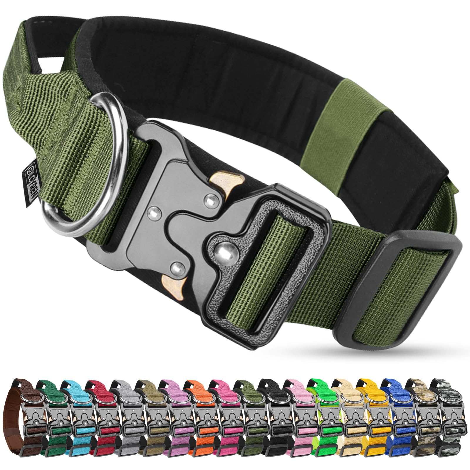 Olcyren Tactical Dog Collar, Military Nylon Adjustable Dog Collar with Handle, Soft Padded Comfortable Pet Collars with Heavy Duty Metal Buckle for Medium Large Dogs Training (Army Green, XL)