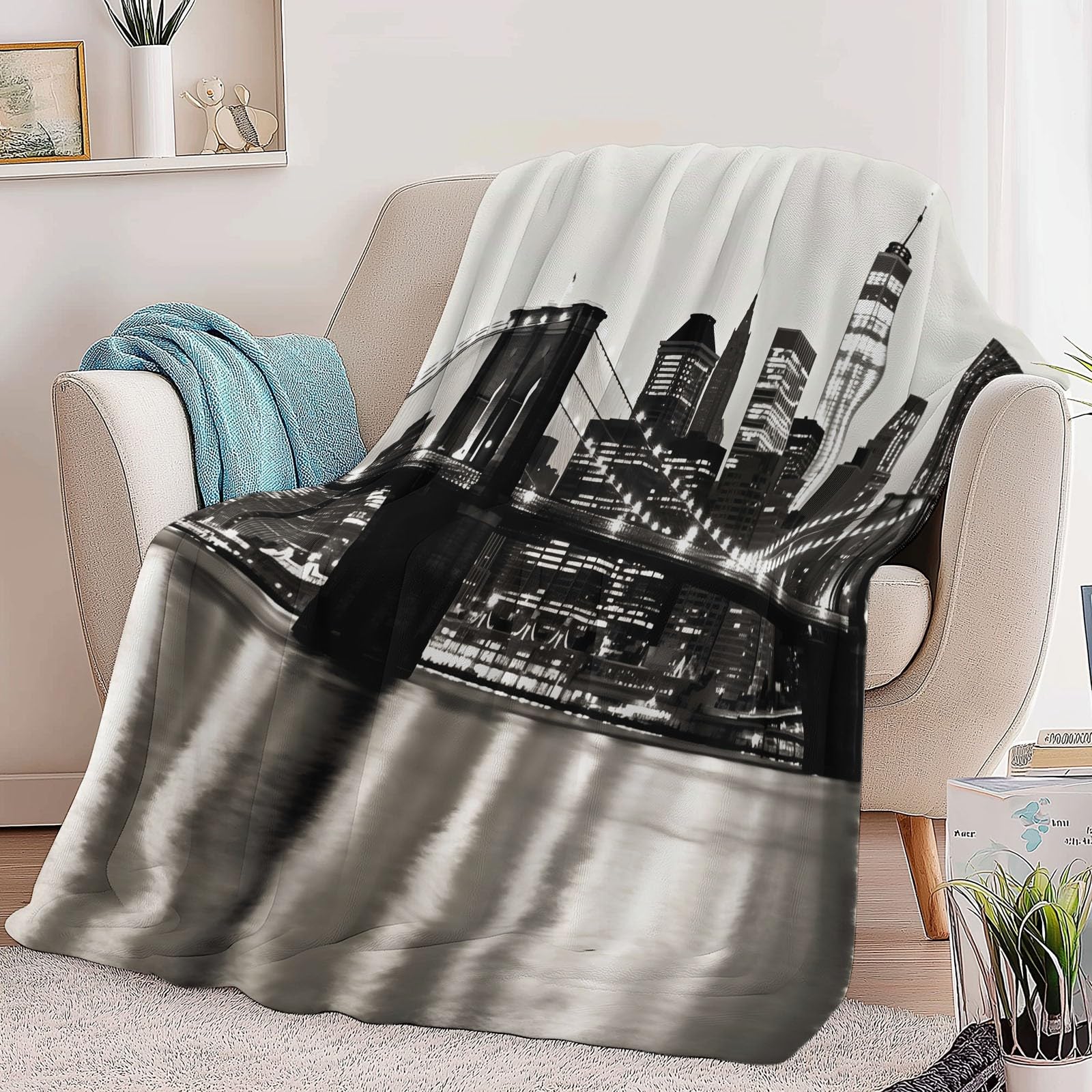 Koc flanelowy 220 x 240 cm Eau La Rivière Orange Bridge Nowy Jork, puszysty koc z mikrofibry, na sofę i łóżko, miękki flanelowy, szary