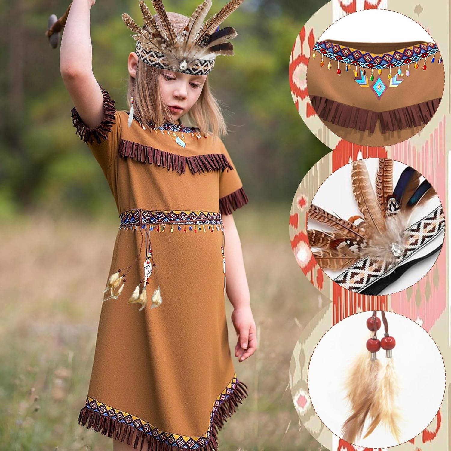Novelties Native American Costume Set Native Costume Native Indian Dress Up Cosplay Themed Parties,Set of 4 - Image 2