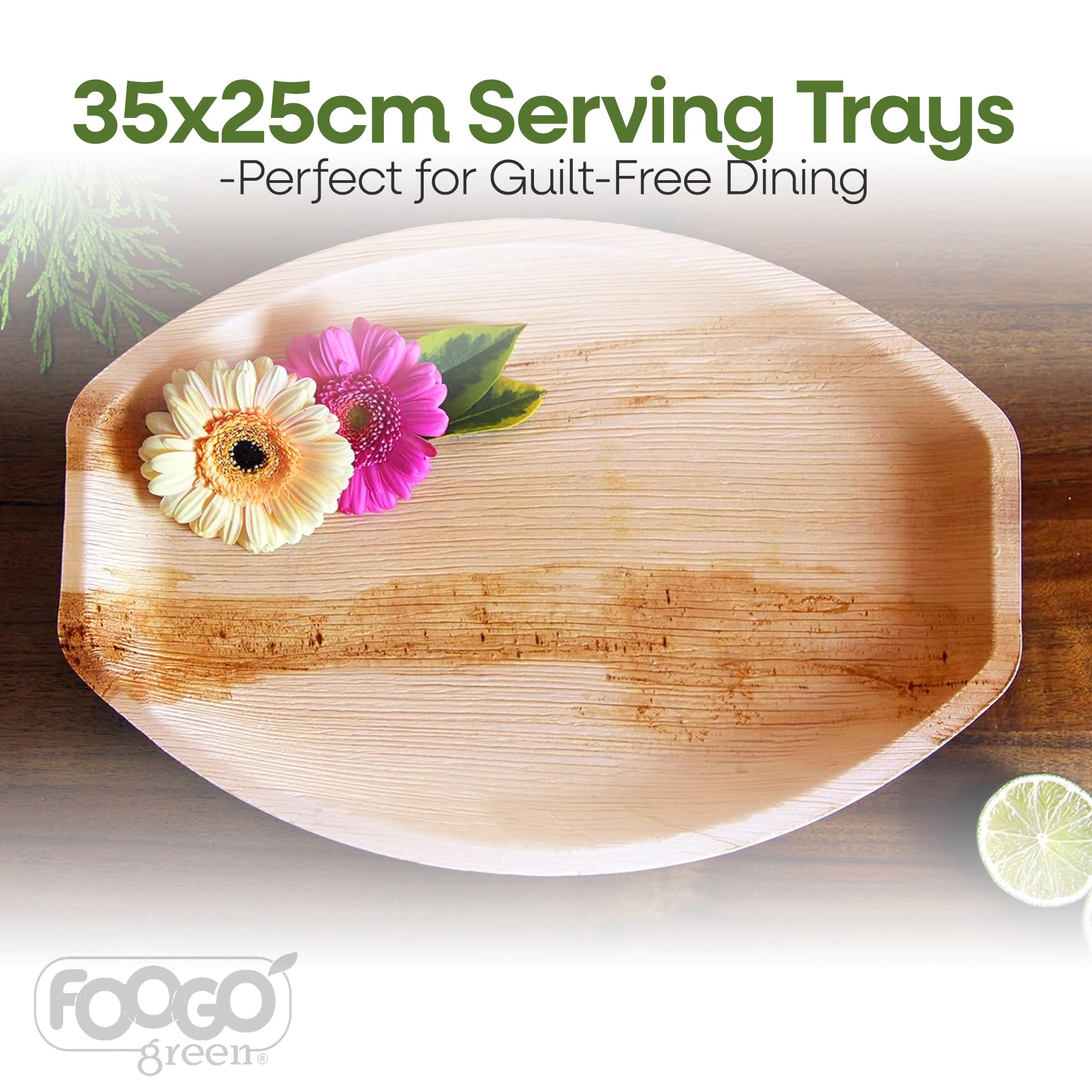 FOOGO Green 50 Bandejas Hoja de Palma Ovaladas Grandes 35x25cm Desechables | Biodegradables, Compostables, Pizza, entrantes, canapés y charcutería, Como bandejas de madera, Resistentes, Ecológicas