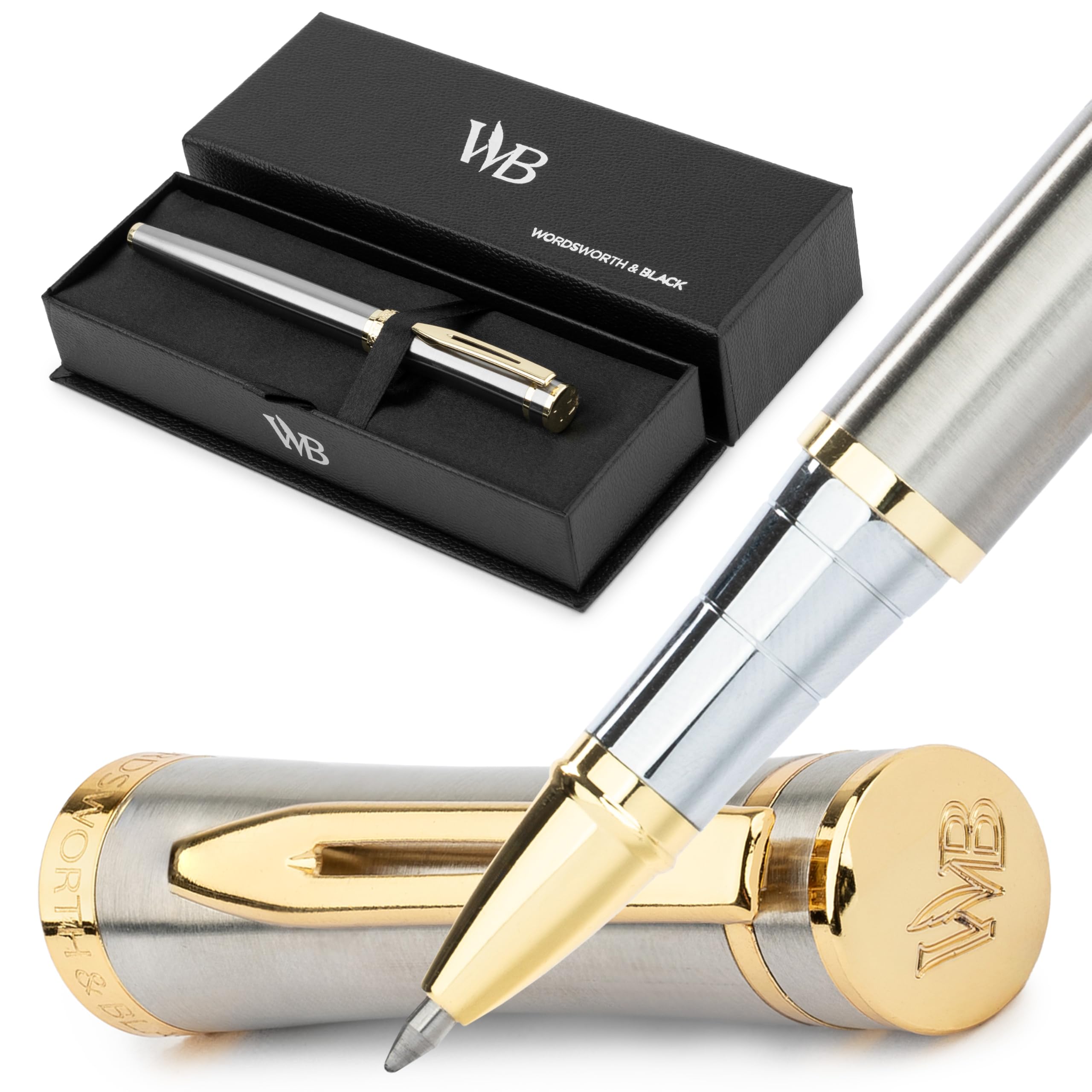 Wordsworth et Black Rollerball Pen - Stylo de Luxe - Finition Or 24K, Laque Argentée, Recharge d'Encre, Rechargeable, Cadeau pour Hommes & Femmes, Écriture Professionnelle, Beaux Stylos Élégants