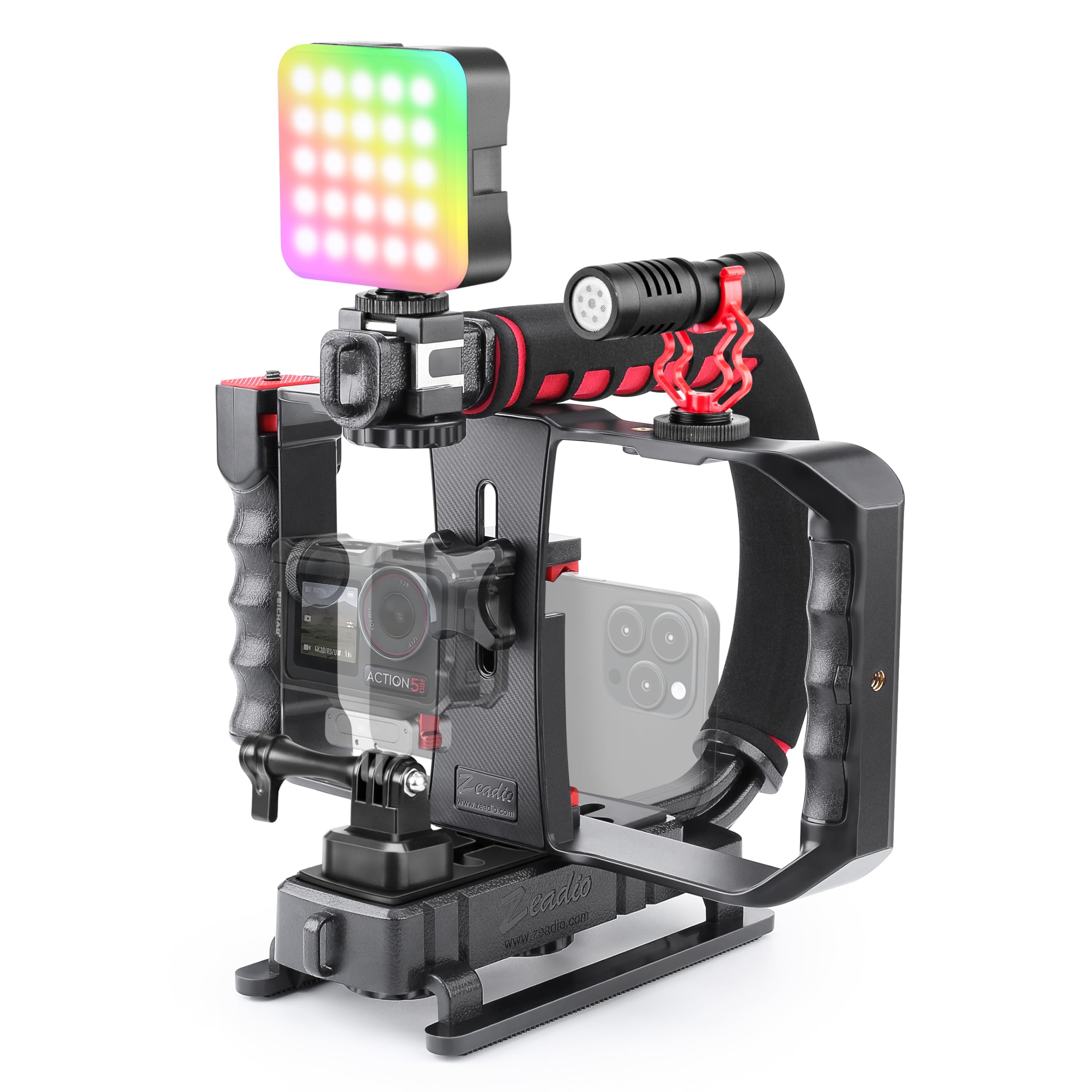 Zeadio Smartphone Camera Stabilizer, Portable Handle Grip Handheld Video Rig with RGB Video Light and Microphone, Fits for All Camcorder, Camera, DSLR and All iPhone and Android Smartphones