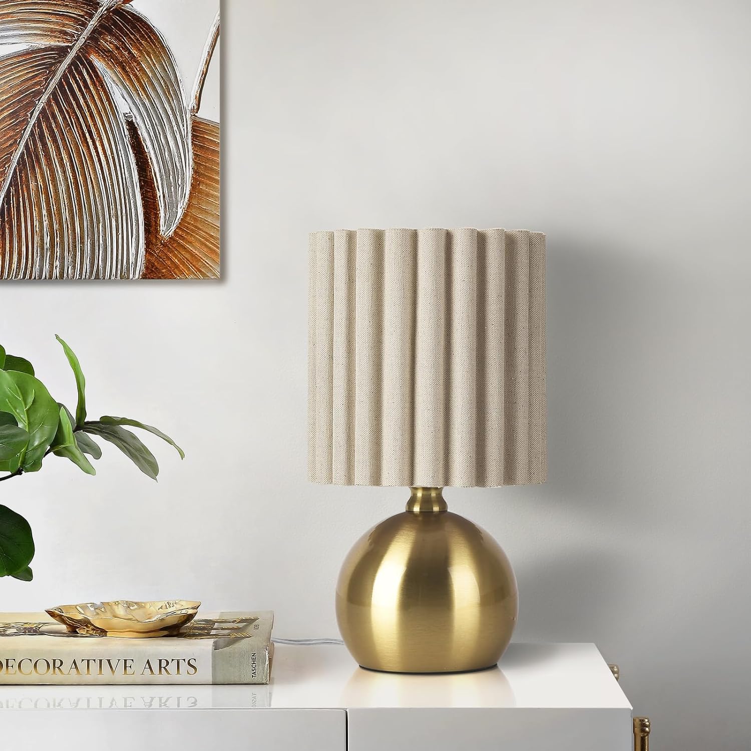 Gold Small Table Lamp with Scalloped Linen Shade, Mini Brass Gold Table Lamp for Bedroom Nightstand, Cute Desk Night Light for Living Room, Bookshelf, Kitchen Counter, Kids Room, Office