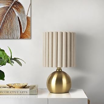 Ziqqeelam Gold Small Table Lamp with Scalloped Linen Shade, Mini Brass Gold Table Lamp for Bedroom Nightstand, Cute Desk Night Light for Living Room, Bookshelf, Kitchen Counter, Kids Room, Office