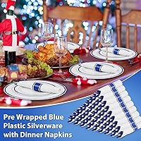 Vista 6 de Paquete de 100 cubiertos de plástico preenrollados azules, cubiertos enrollados azules con servilletas, juego de cubiertos de plástico preenrollados