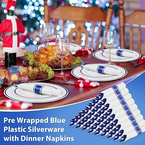 Miniatura 6 de Paquete de 100 cubiertos de plástico preenrollados azules, cubiertos enrollados azules con servilletas, juego de cubiertos de plástico preenrollados