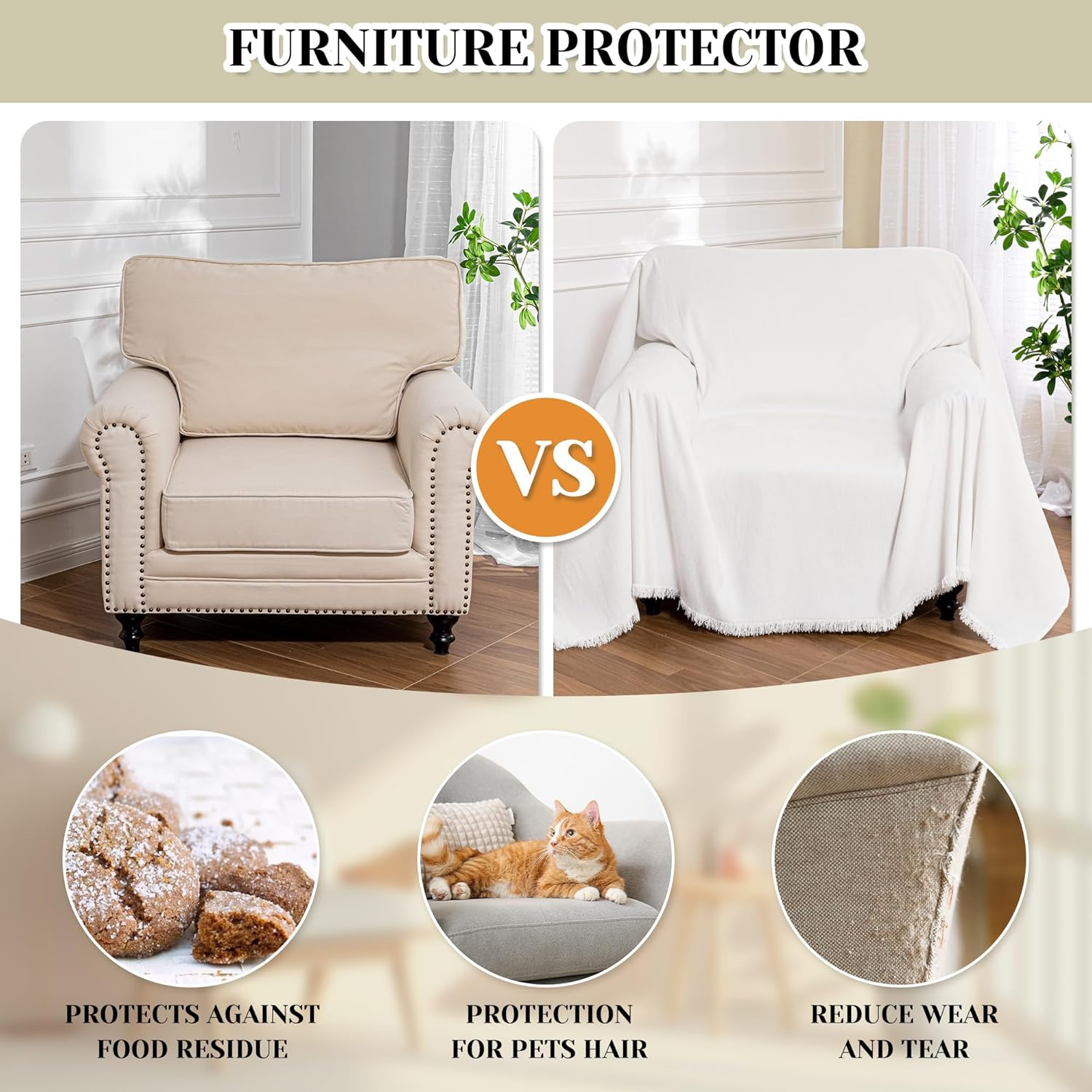 MEETSKY Oversized Chair Covers White Couch Cover Washable Armchair Slipcover Single Couch Cover for Dogs Pets, Recliner Cover 1 Cushion Couch Chenille Couch Protector with Tassel, 71"x 91" - Image 4