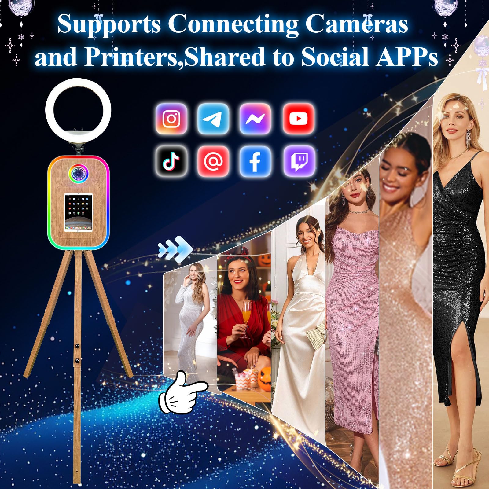Statyw fotobudka z oświetleniem pierścieniowym kompatybilna z powierzchnią/tabletem/iPadem do fotobudki 25.9 cm-33.0 cm Shell Stand Selfie Photobooth Machine na wydarzenia (odcień drewna, maszyna +