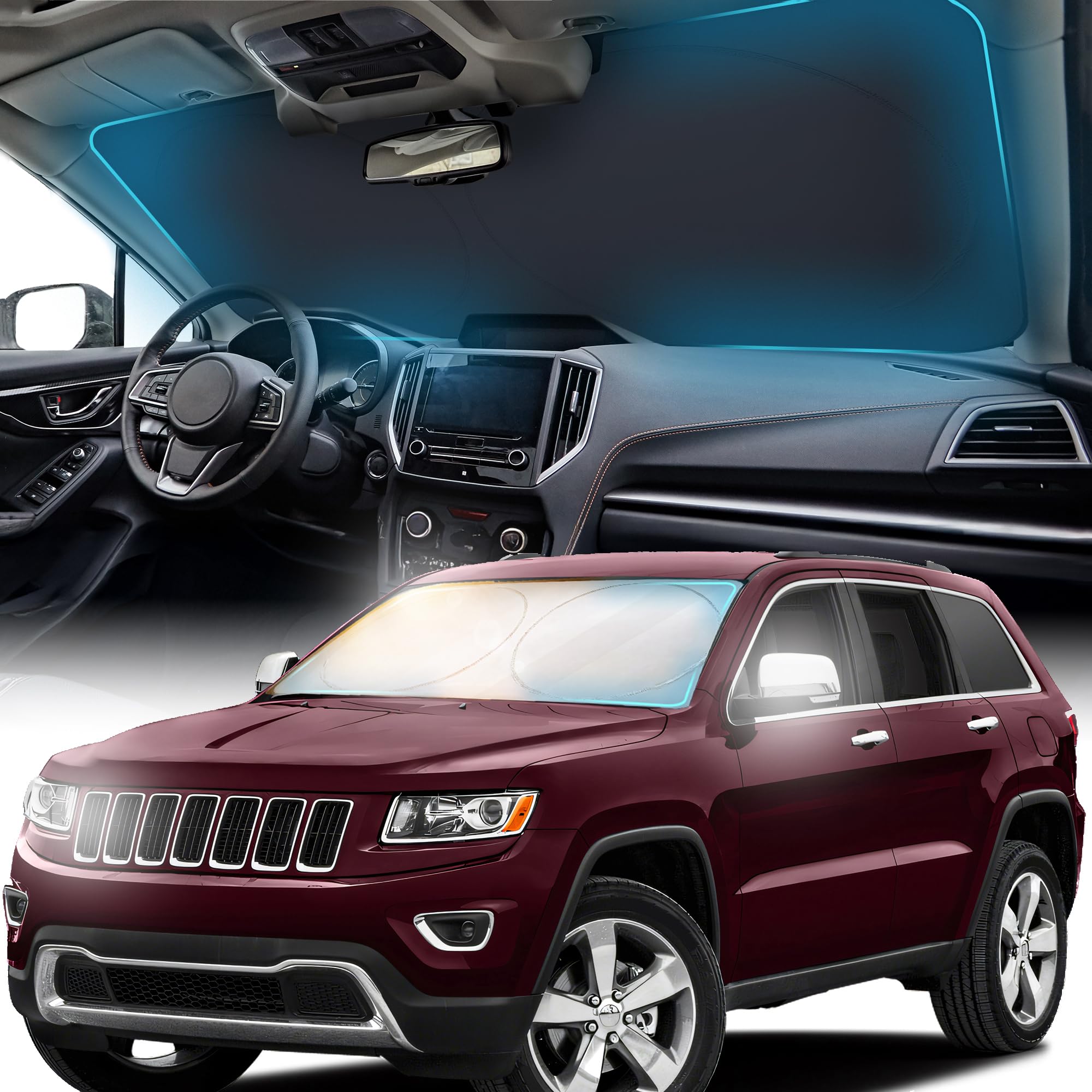 FORTEM Car Sun Shade for Windshield, Reflective Windshield Sunshade, 240T Polyester, Automotive Interior Sun Protection, Ultimate Heat and UV Shield, Foldable, Storage Bag