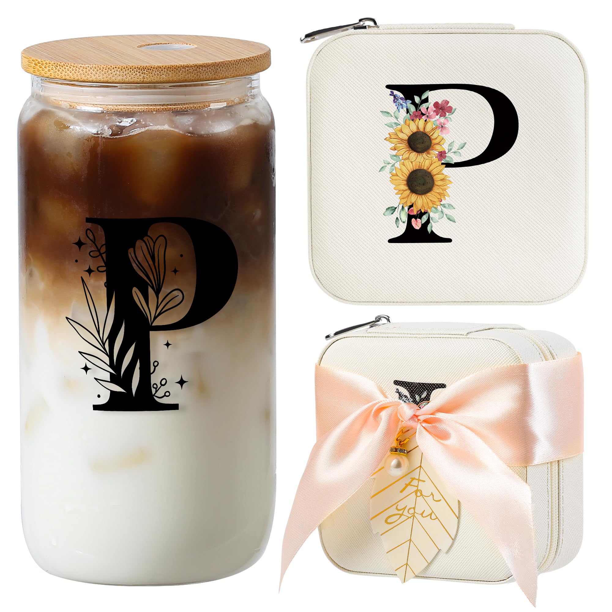 AYGXU Travel Jewelry Organizer, 16oz Initial Glass Cups with Lids and Straws, Aesthetic Coffee Cups, Graduation Travel Essentials, Personalized Jewelry Boxes for Women, Initial P White