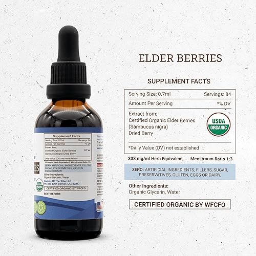 Miniatura 4 de Secrets of the Tribe Elder Berries USDA Organic  Extracto sin alcohol, gotas de hierbas de alta potencia  Hecho de bayas de saúco 100% orgánicas